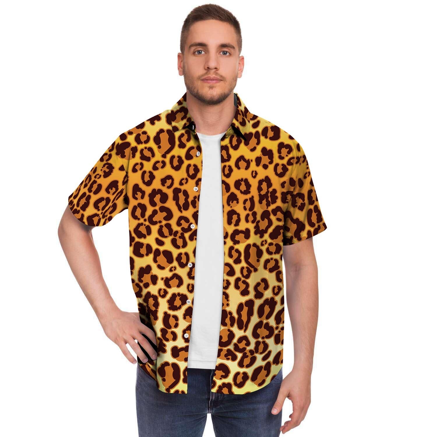Gold Leopard Men Print Short Sleeve Button-Up Shirts