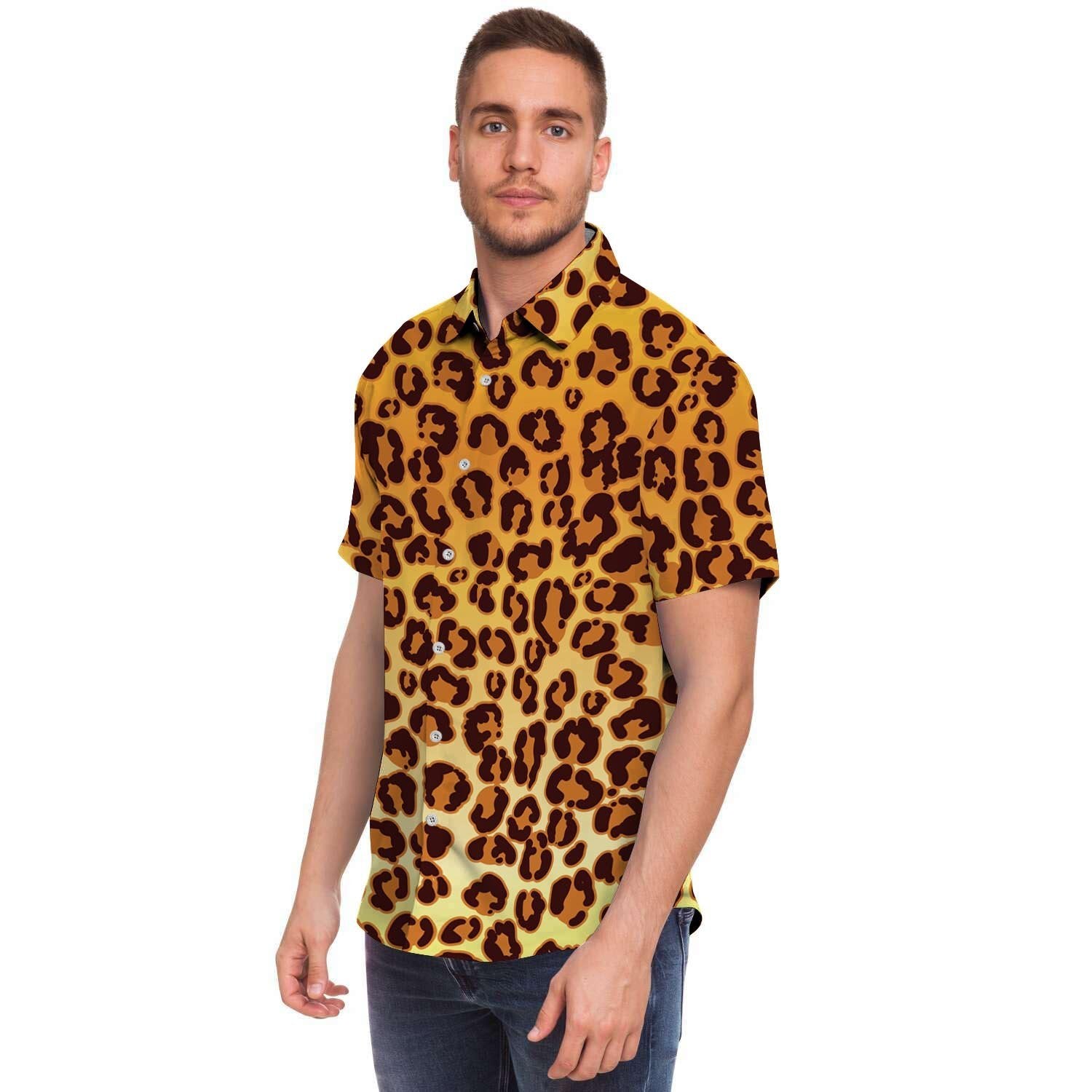 Gold Leopard Men Print Short Sleeve Button-Up Shirts
