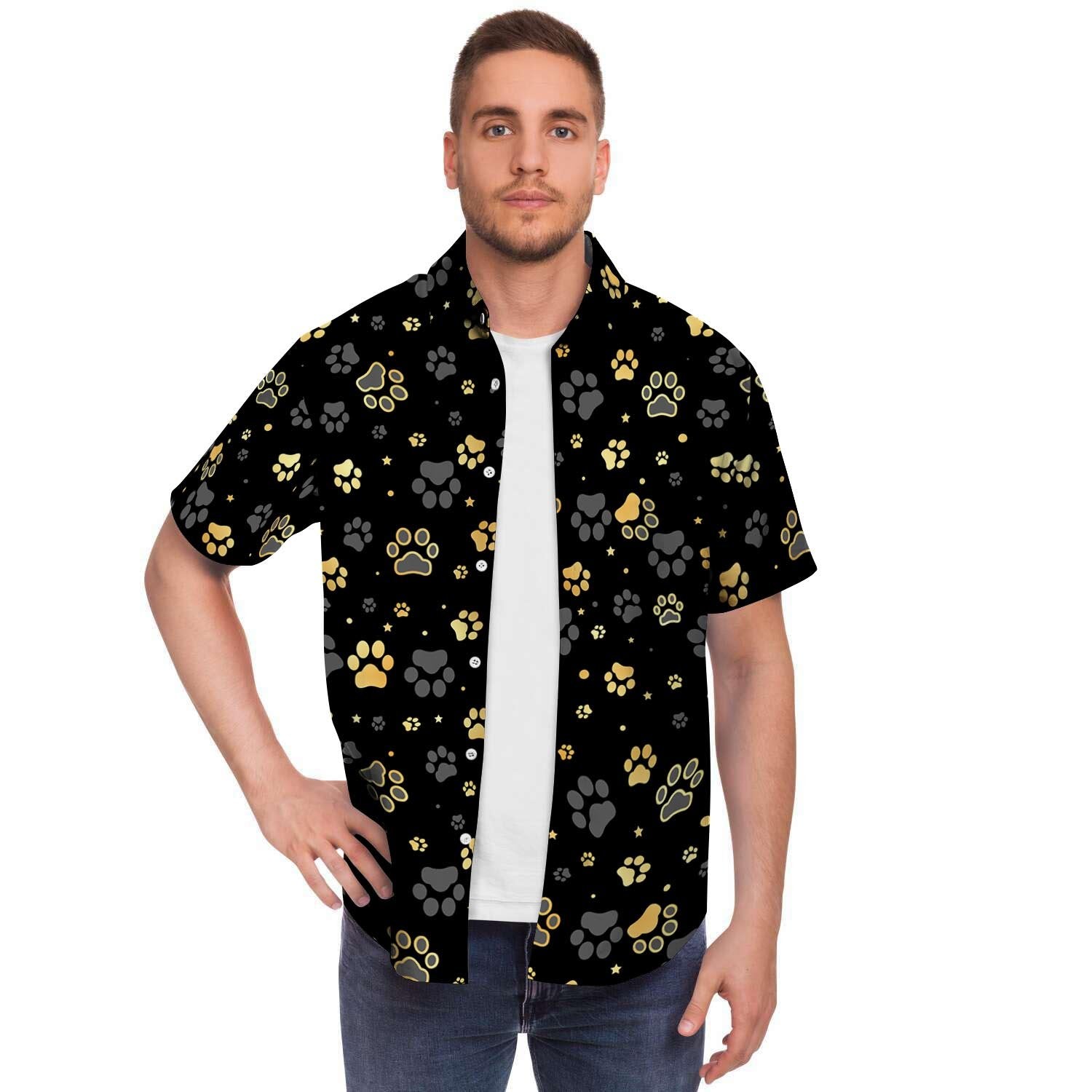 Gold Paw Men Print Short Sleeve Button-Up Shirts