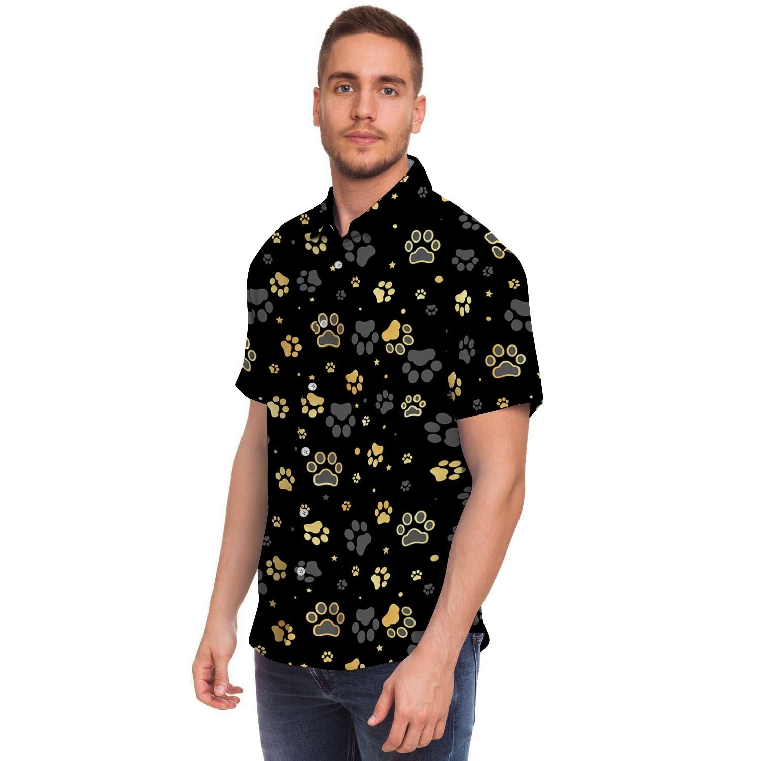 Gold Paw Men Print Short Sleeve Button-Up Shirts