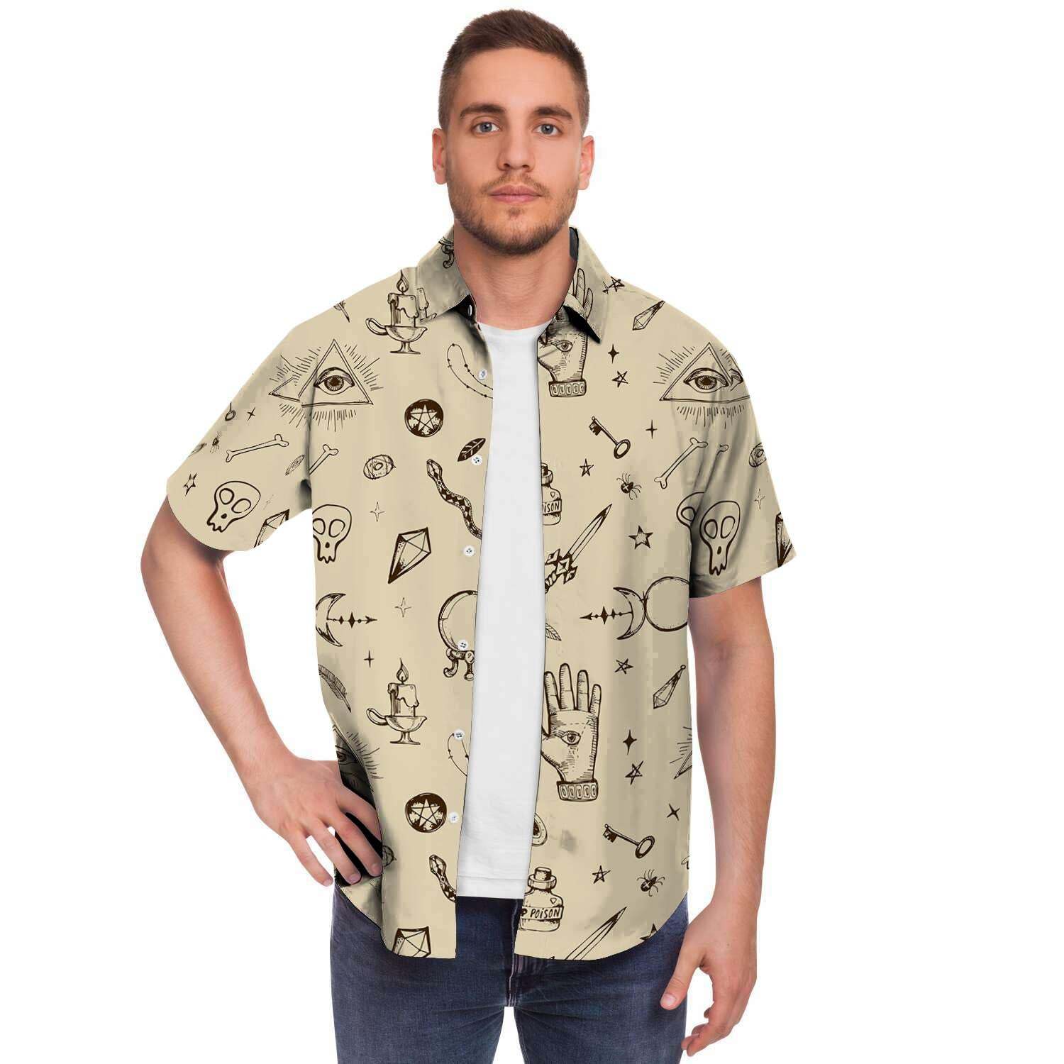 Gothic Witch Men Print Short Sleeve Button-Up Shirts
