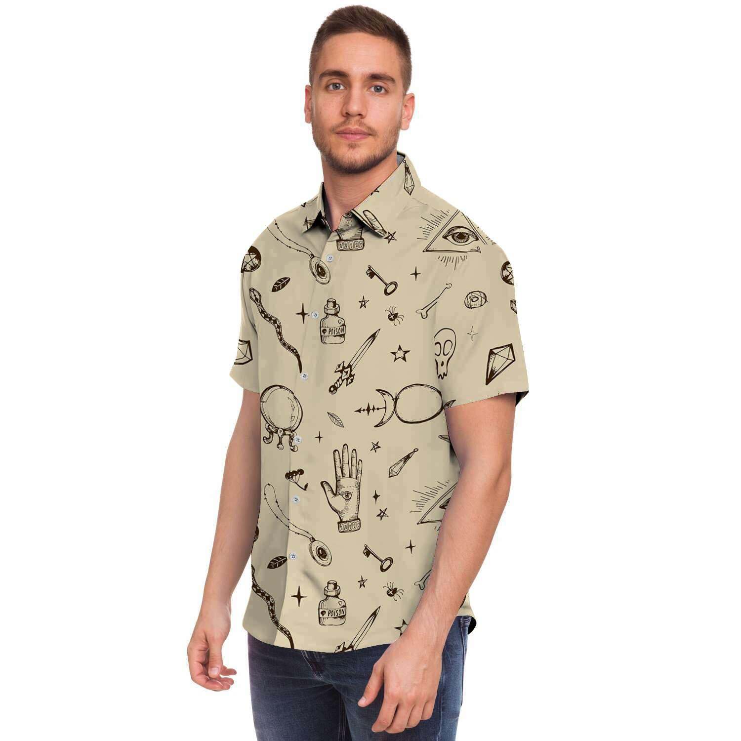Gothic Witch Men Print Short Sleeve Button-Up Shirts