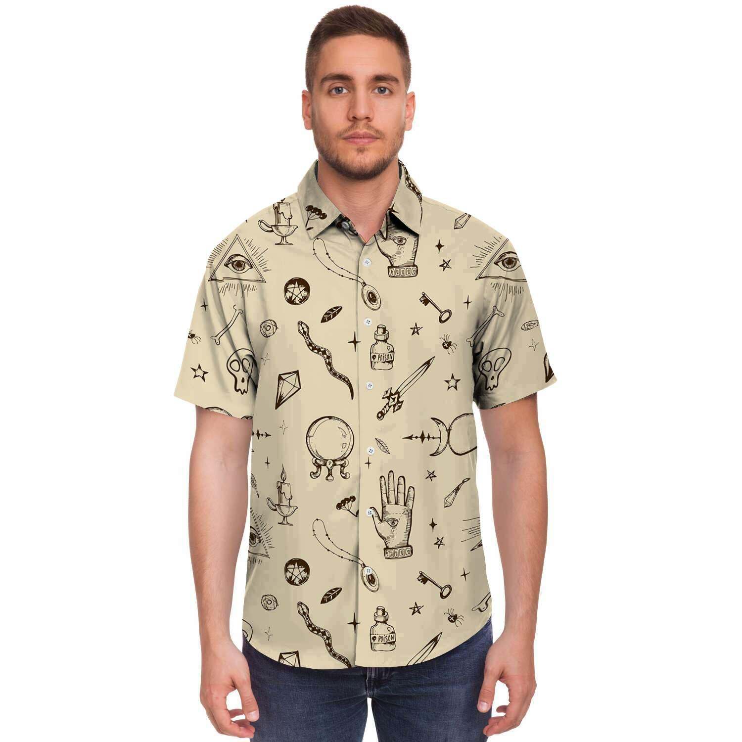 Gothic Witch Men Print Short Sleeve Button-Up Shirts