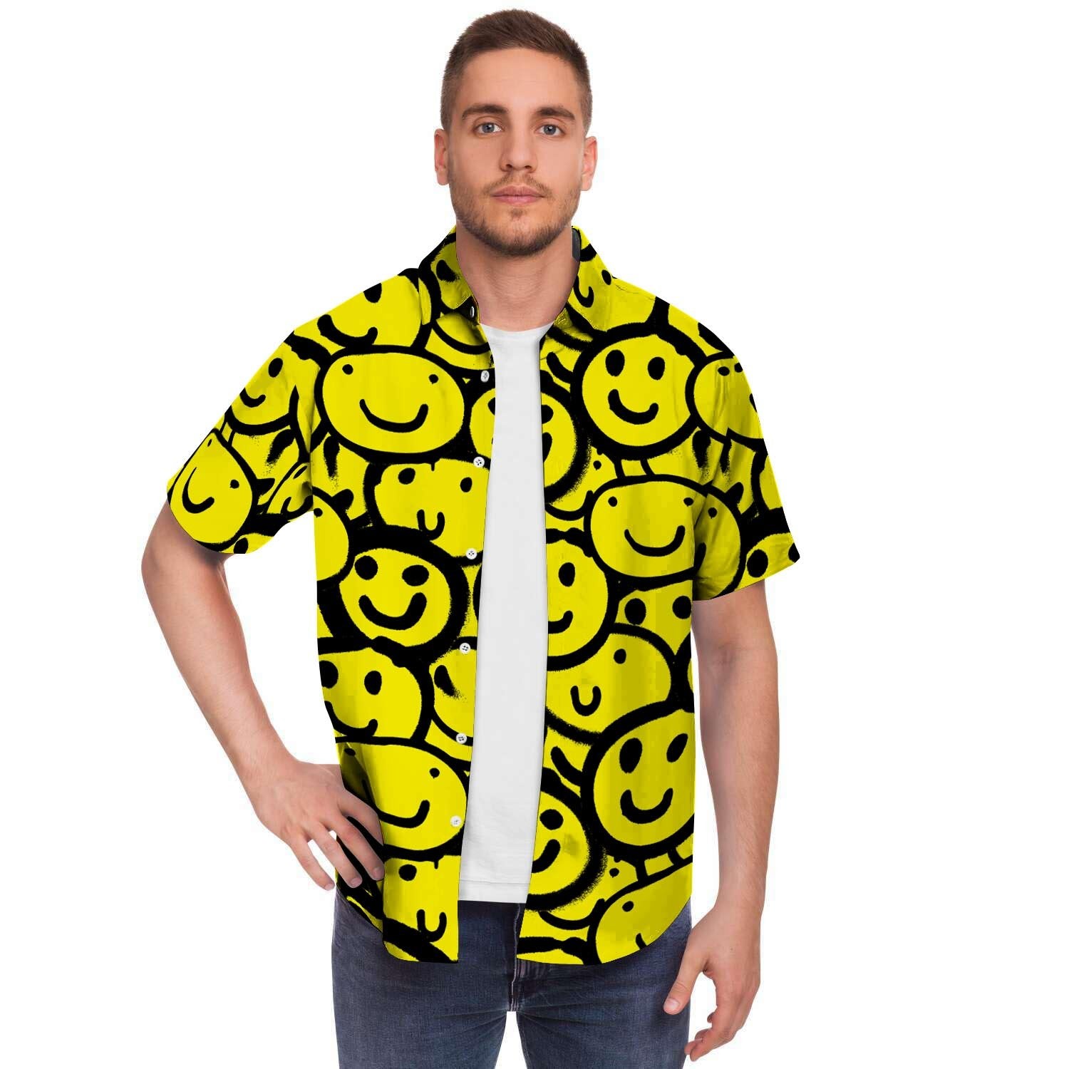 Graffiti Happy Emoji Print Men Print Short Sleeve Button-Up Shirts