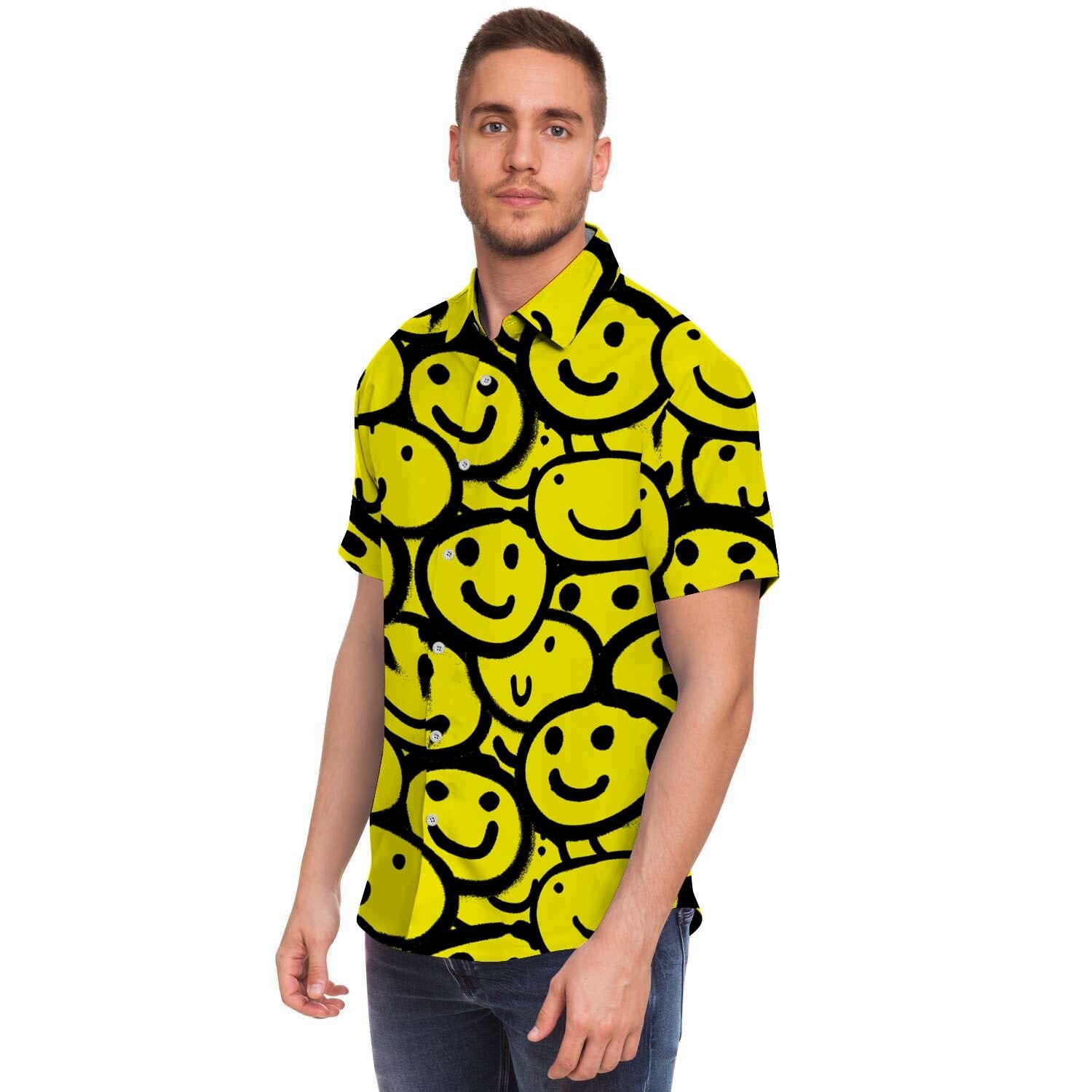 Graffiti Happy Emoji Print Men Print Short Sleeve Button-Up Shirts