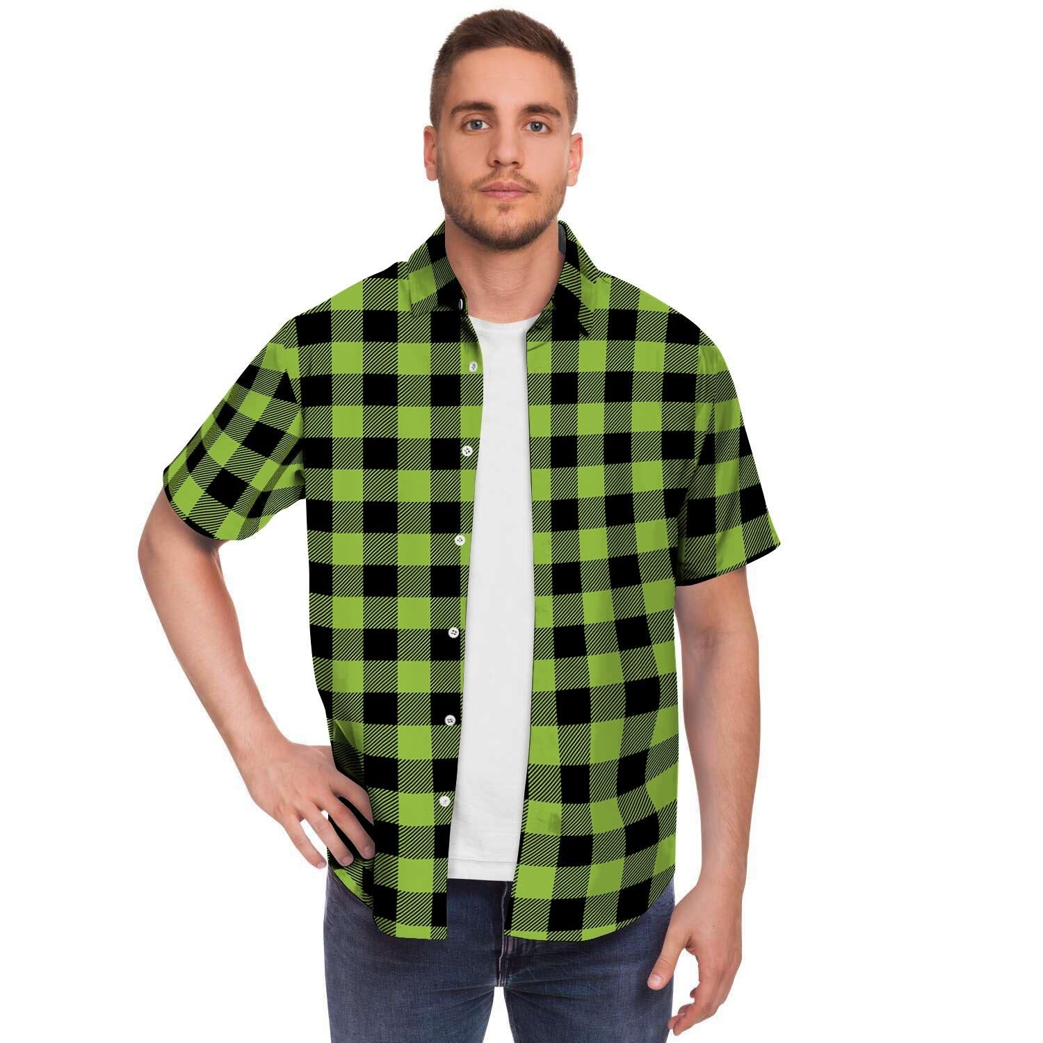 Green Plaid Men Print Short Sleeve Button-Up Shirts
