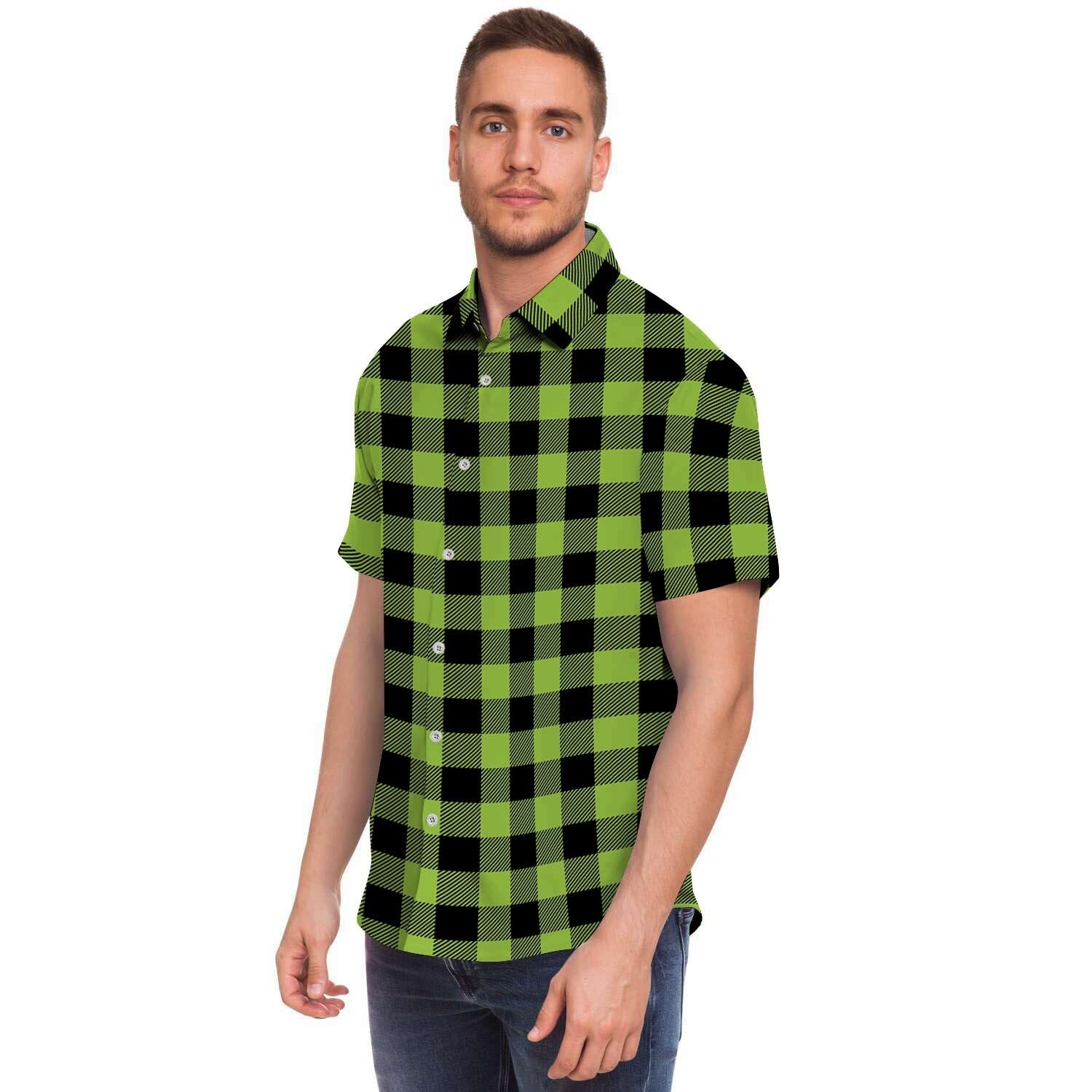 Green Plaid Men Print Short Sleeve Button-Up Shirts