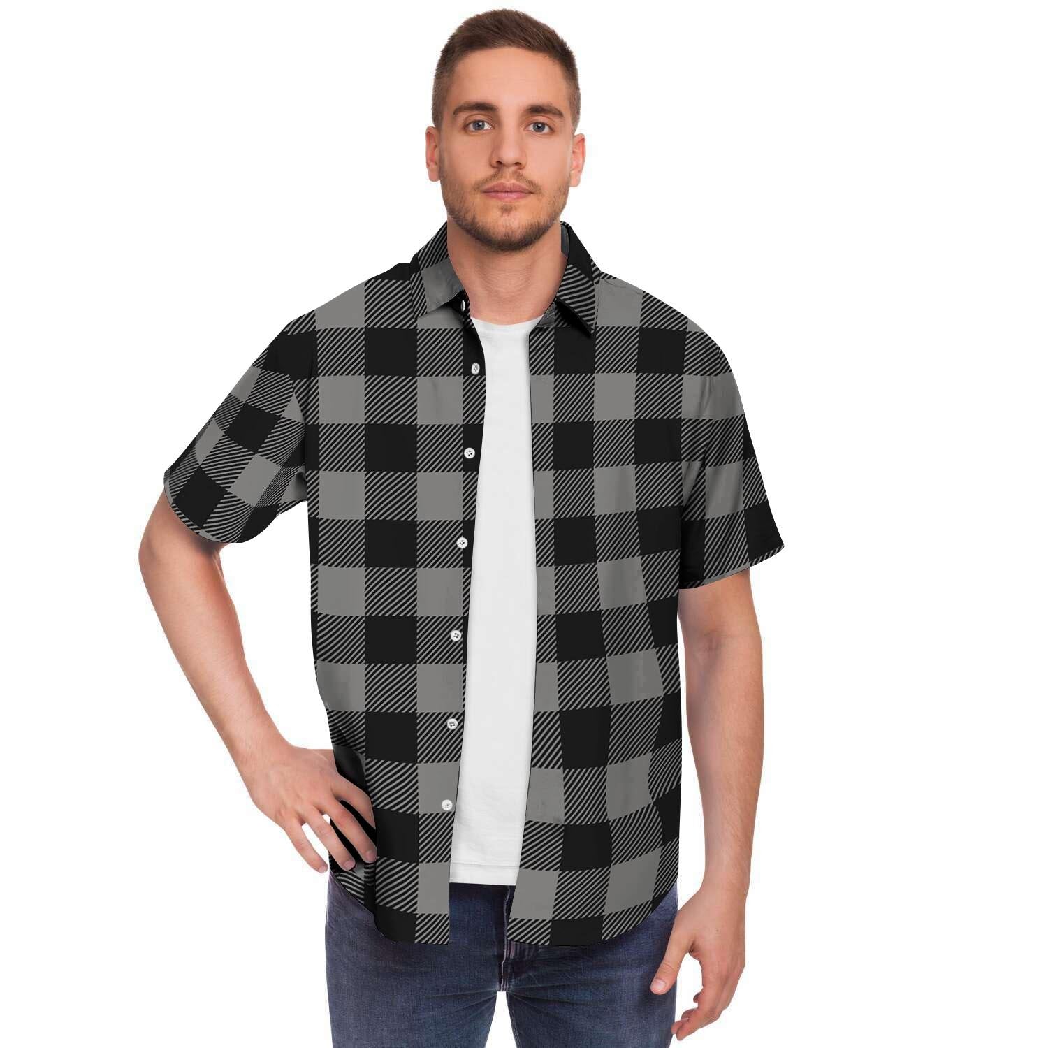 Grey Plaid Men Print Short Sleeve Button-Up Shirts