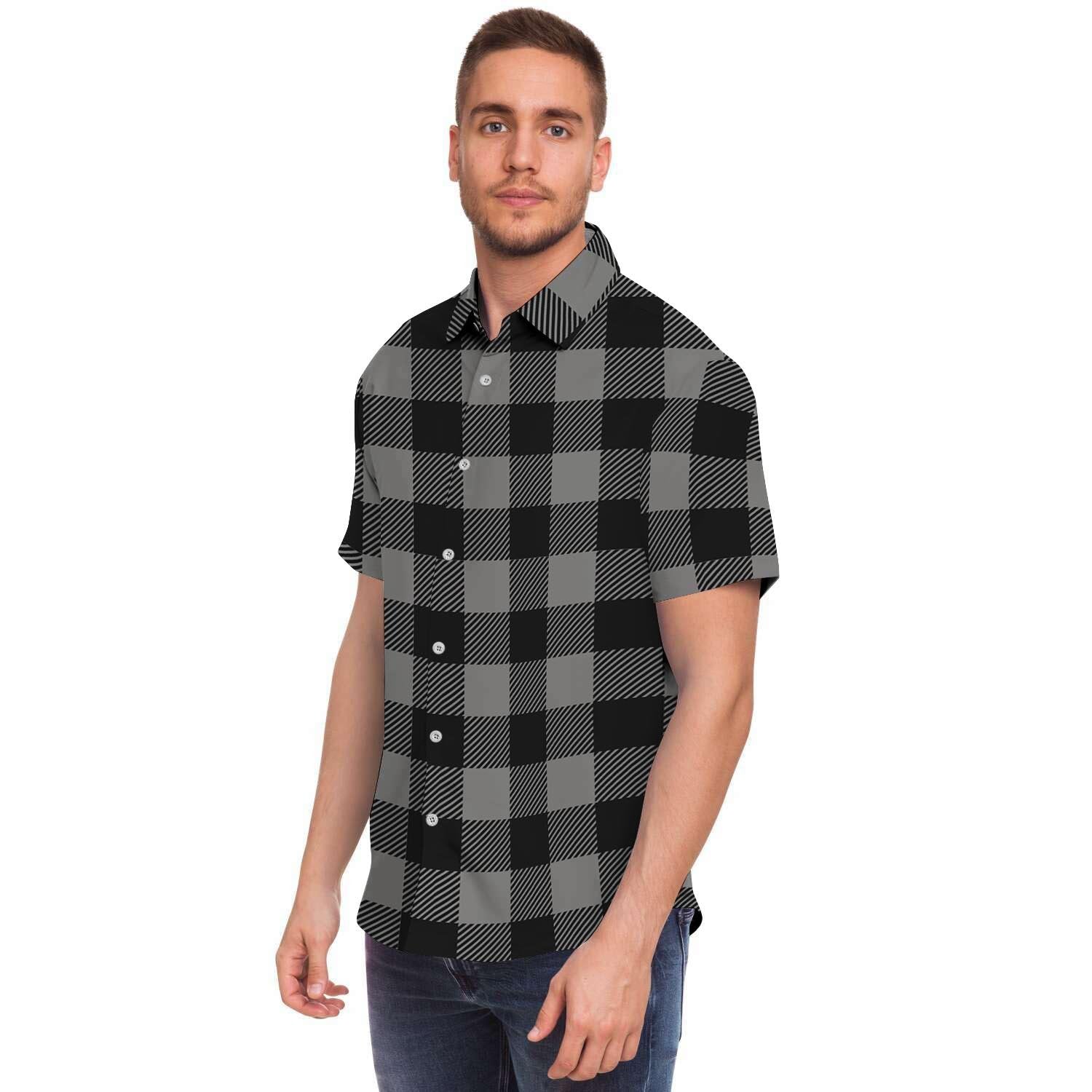 Grey Plaid Men Print Short Sleeve Button-Up Shirts