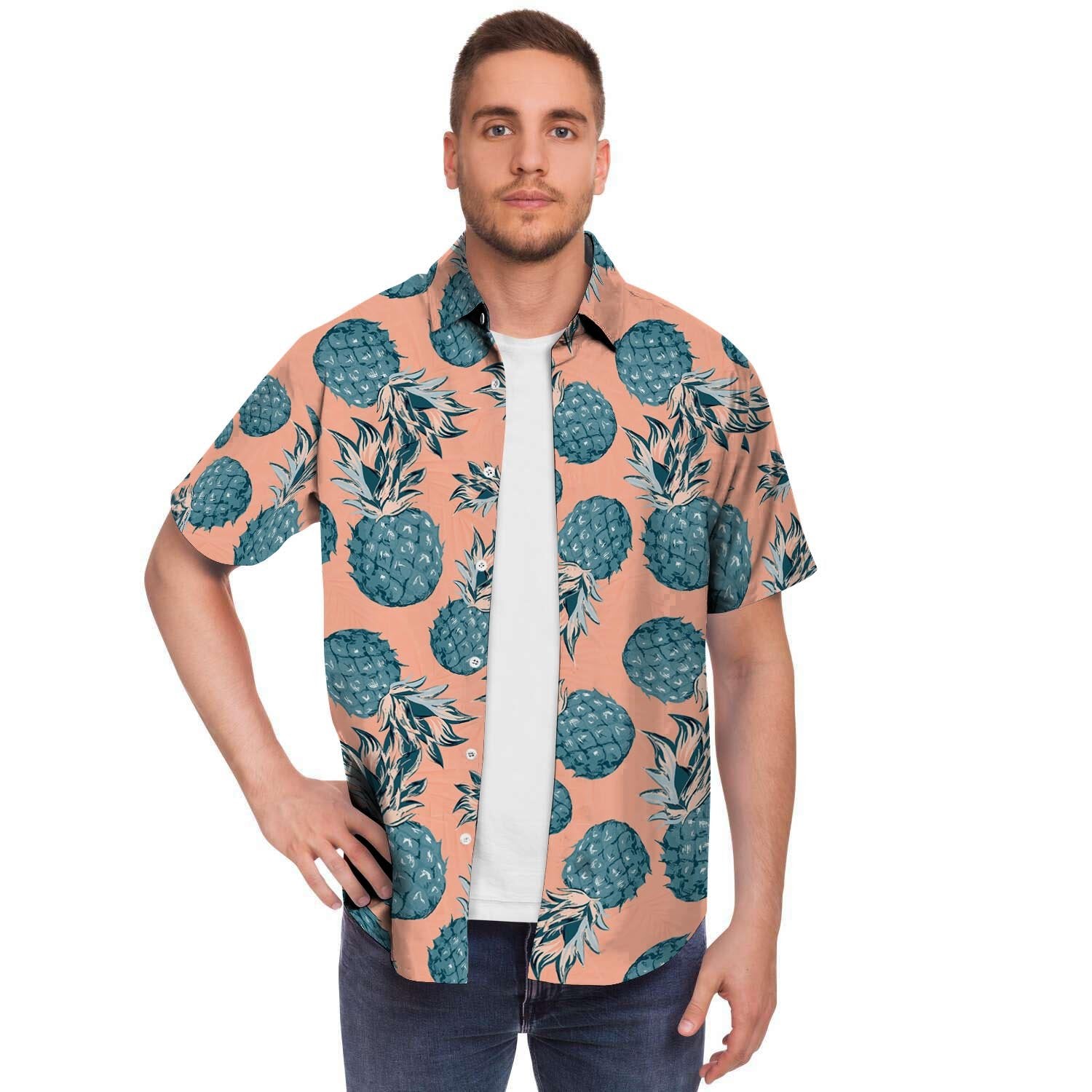 Hawaiian Neon Pineapple Print Men Print Short Sleeve Button-Up Shirts