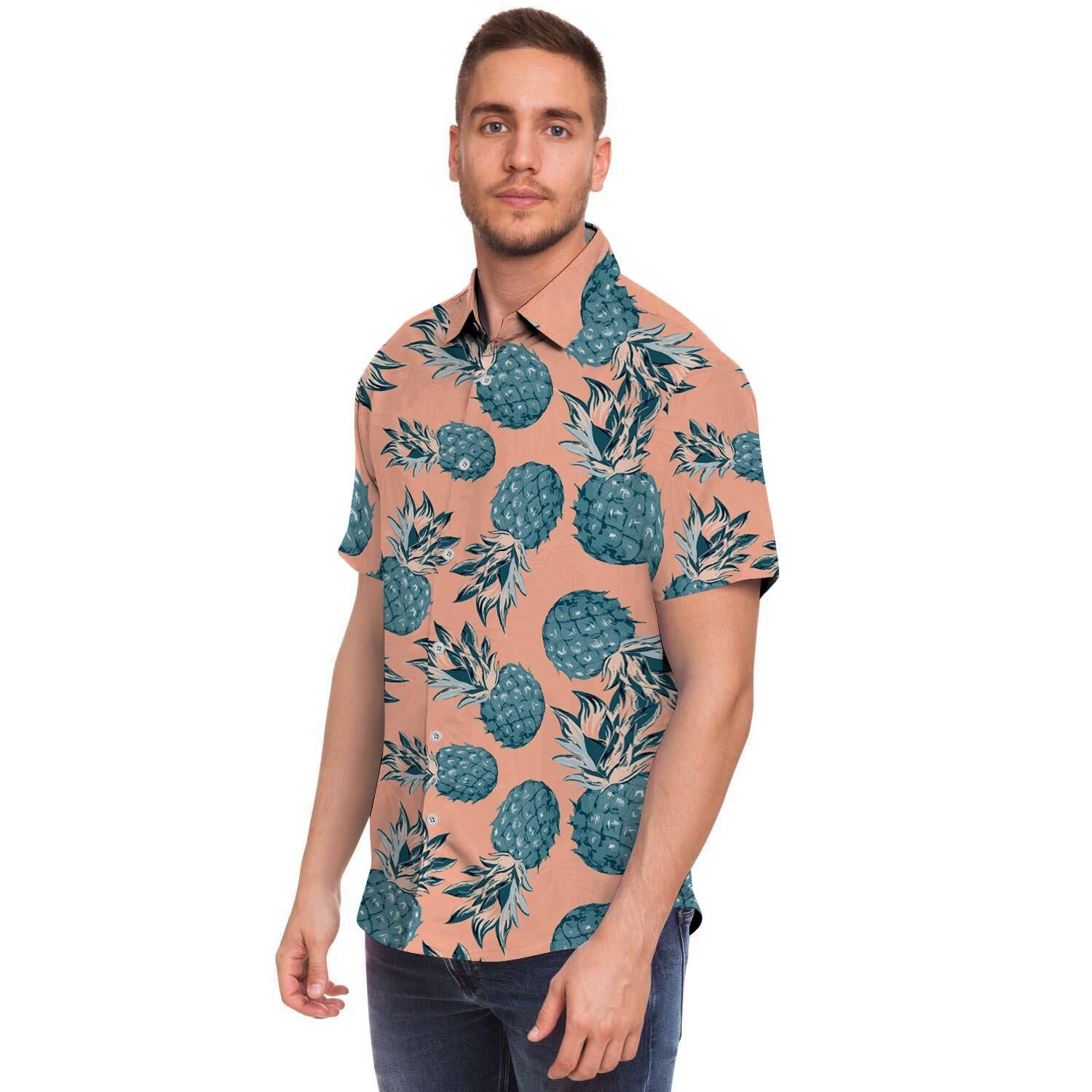 Hawaiian Neon Pineapple Print Men Print Short Sleeve Button-Up Shirts