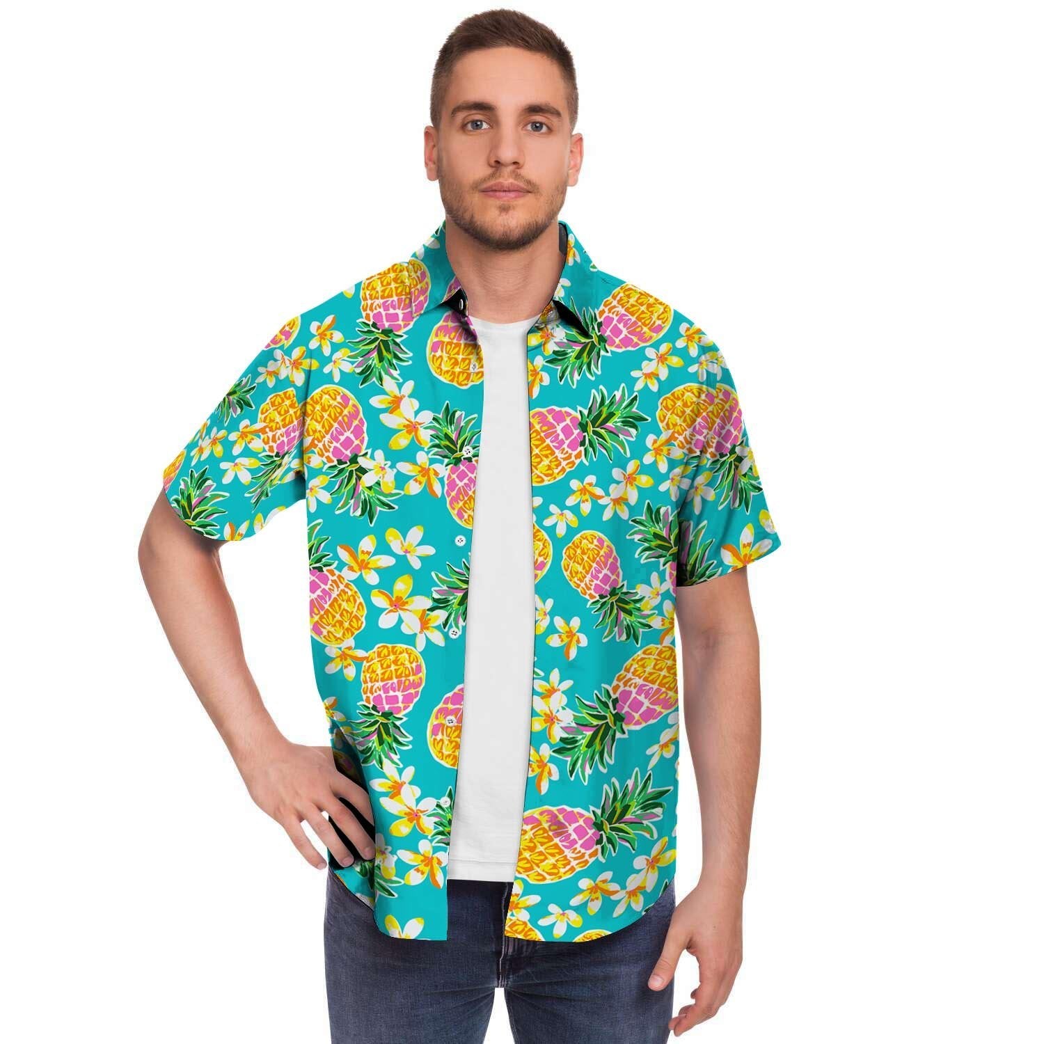 Hawaiian Pineapple Print Men Print Short Sleeve Button-Up Shirts