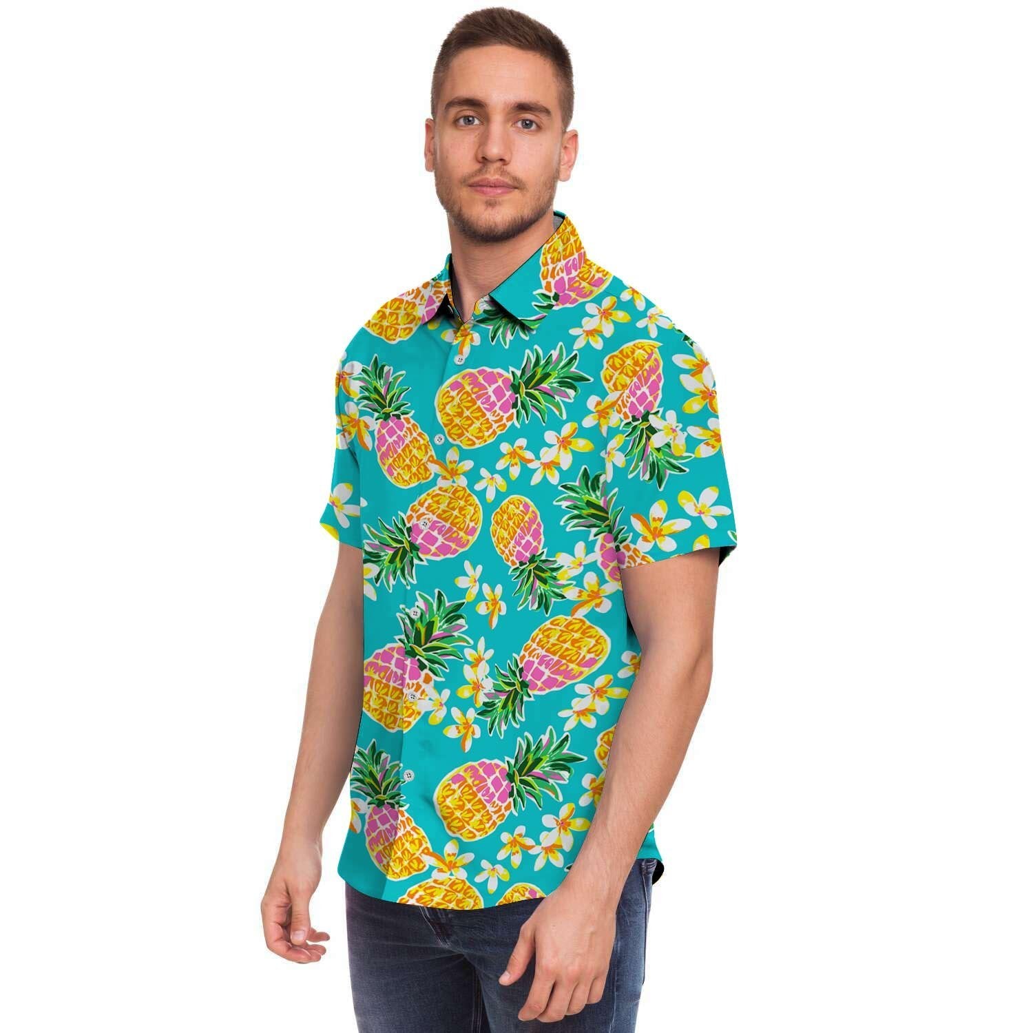Hawaiian Pineapple Print Men Print Short Sleeve Button-Up Shirts