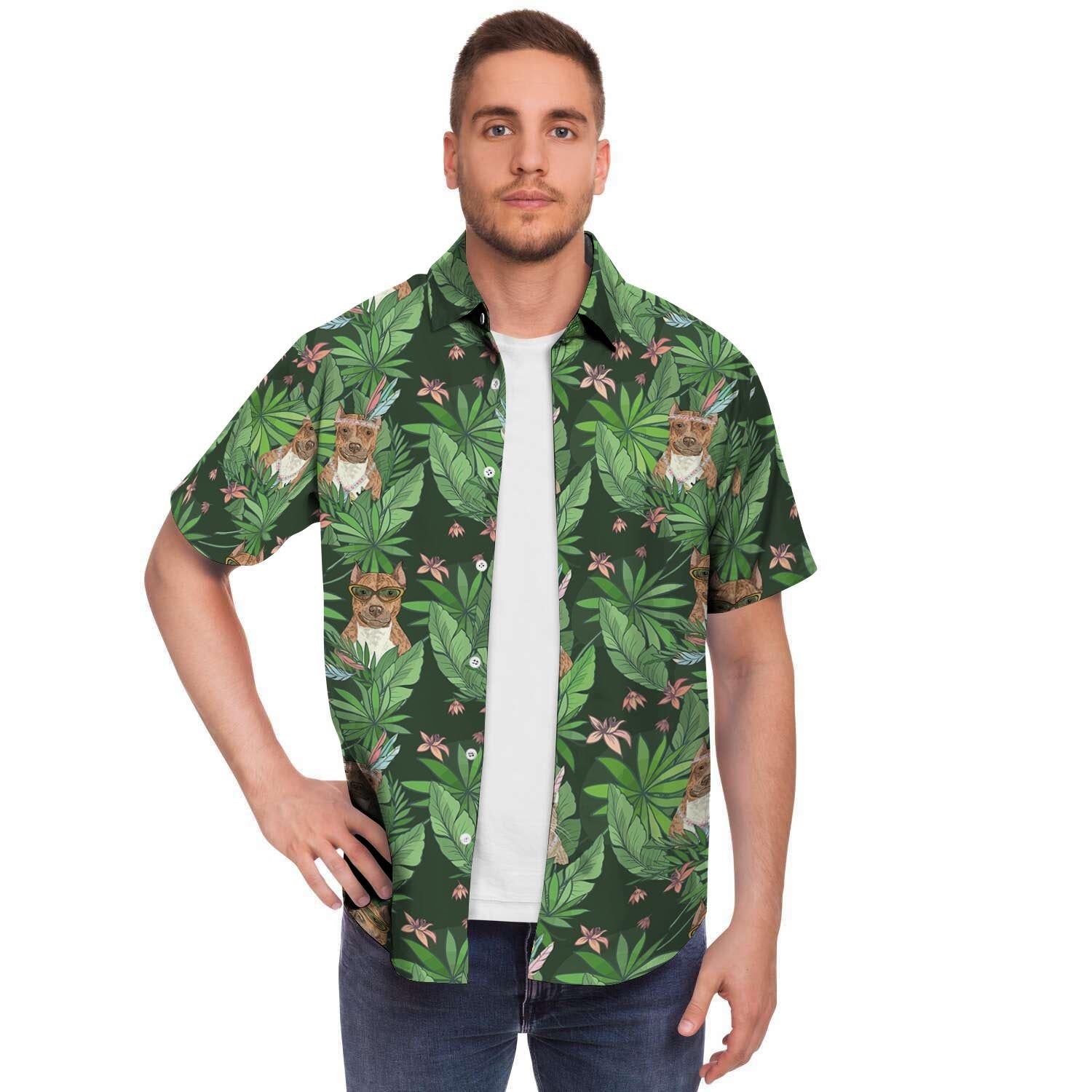 Hawaiian Tropical Pitbull Men Print Short Sleeve Button-Up Shirts