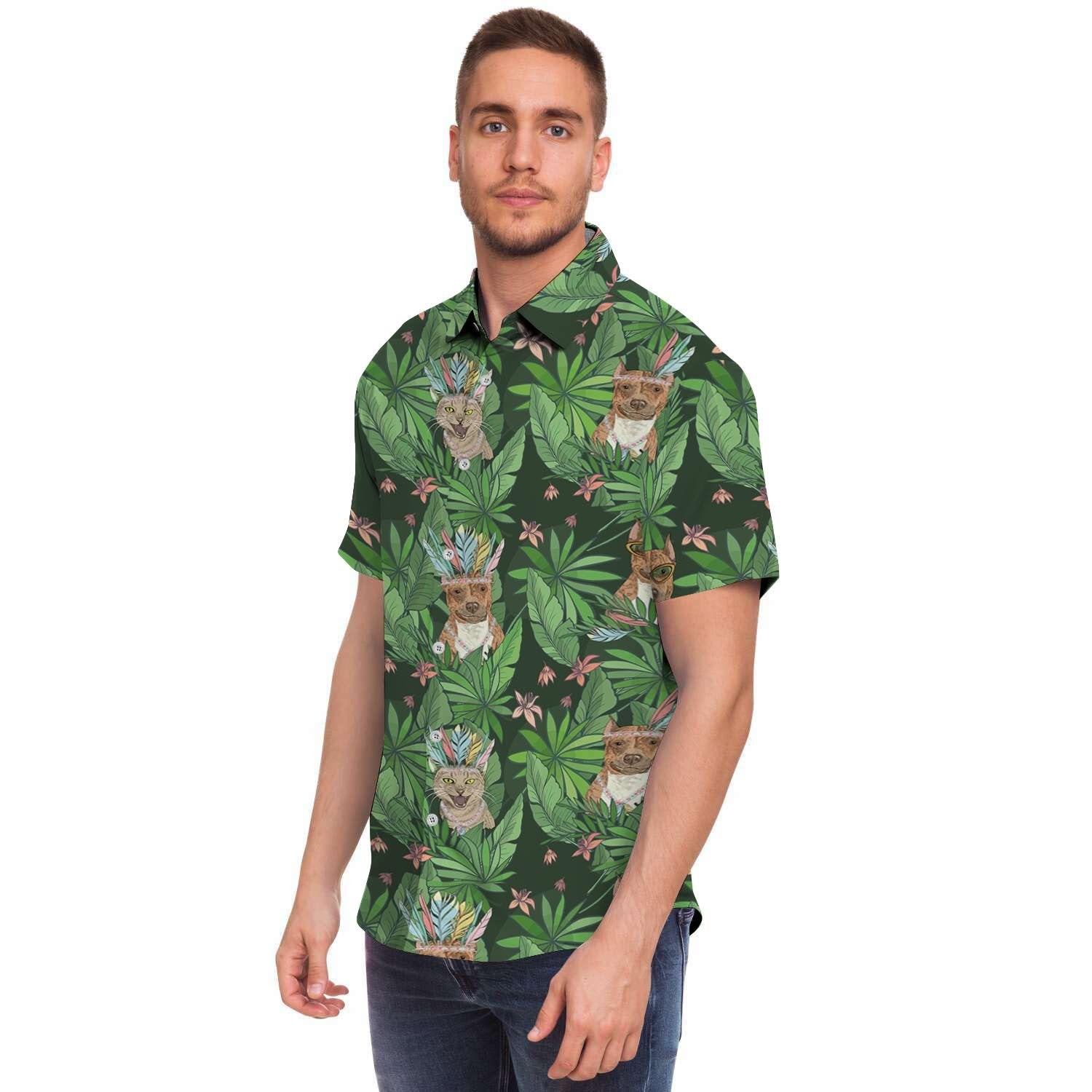 Hawaiian Tropical Pitbull Men Print Short Sleeve Button-Up Shirts