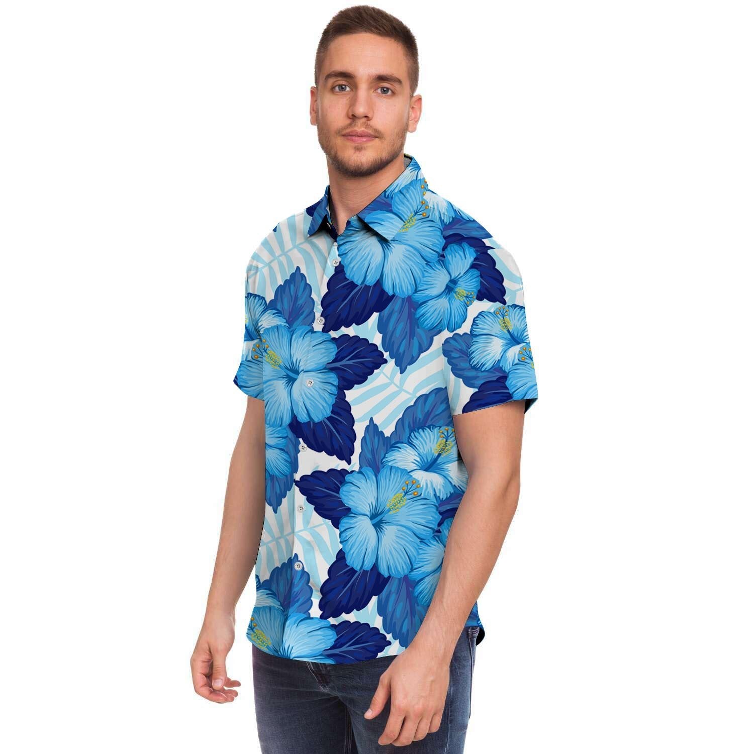 Hibiscus Blue Hawaiian Print Men Print Short Sleeve Button-Up Shirts