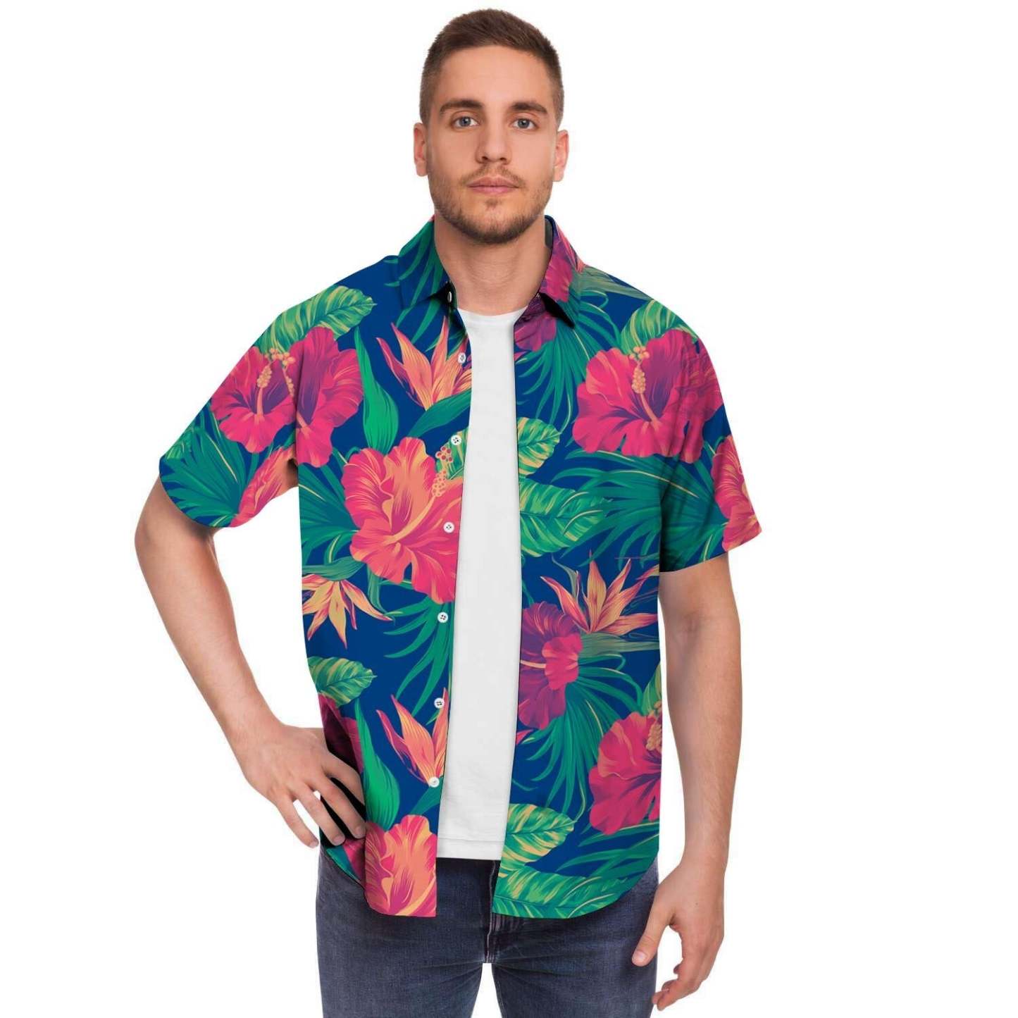 Hibiscus Hawaiian Flower Print Men Print Short Sleeve Button-Up Shirts