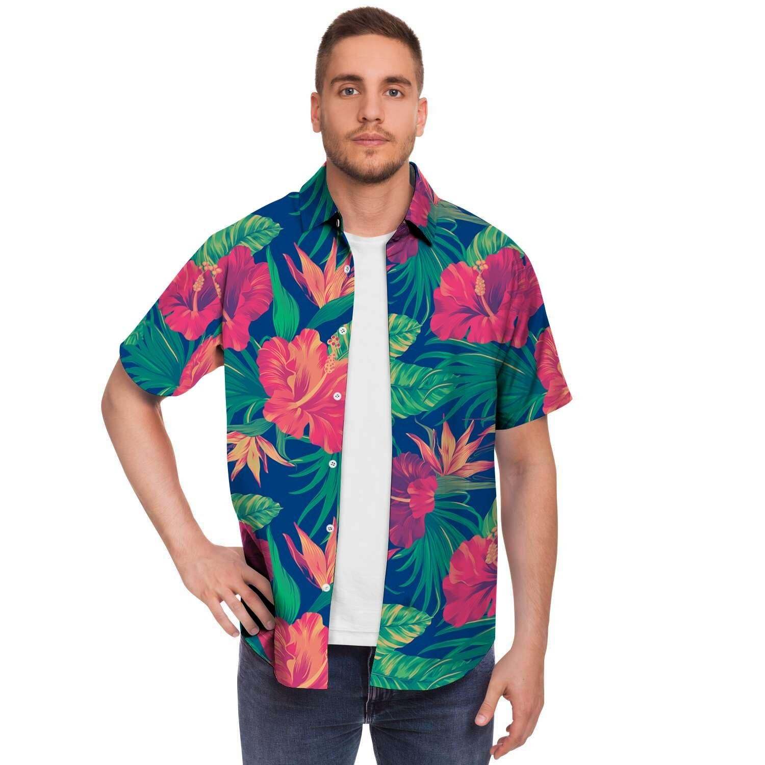 Hibiscus Hawaiian Flower Print Men Print Short Sleeve Button-Up Shirts