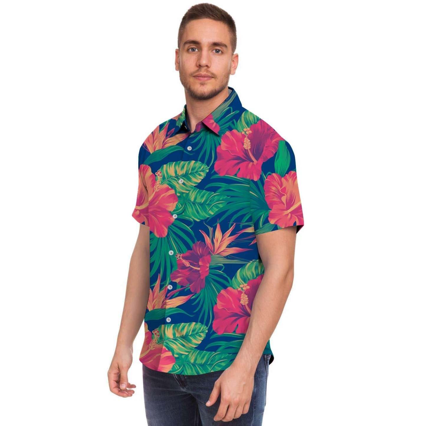 Hibiscus Hawaiian Flower Print Men Print Short Sleeve Button-Up Shirts