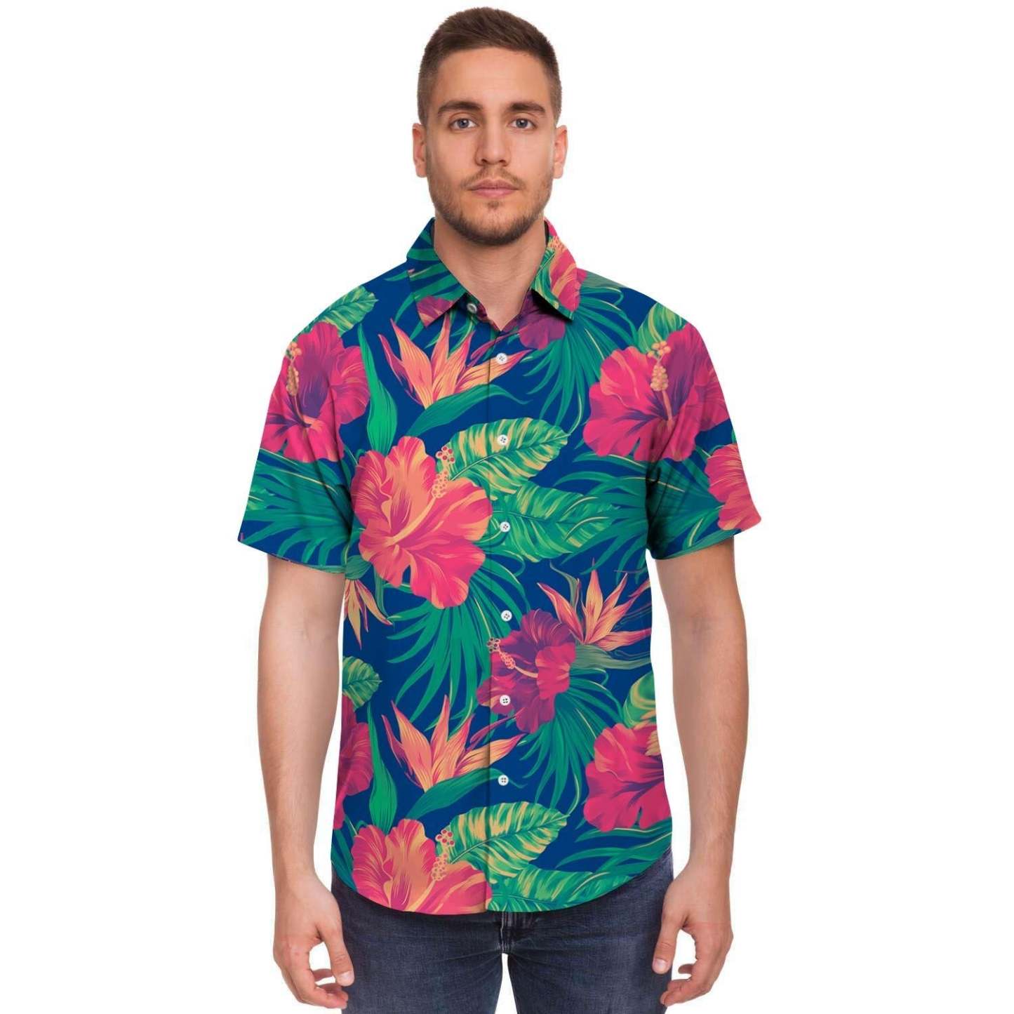 Hibiscus Hawaiian Flower Print Men Print Short Sleeve Button-Up Shirts