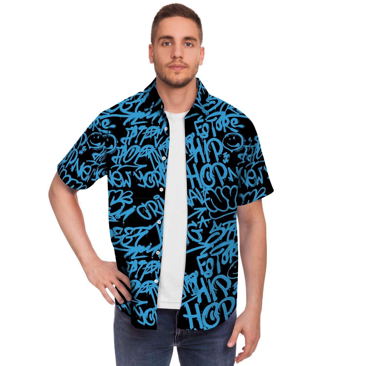 Hiphop Graffiti Blue Text Print Men Print Short Sleeve Button-Up Shirts