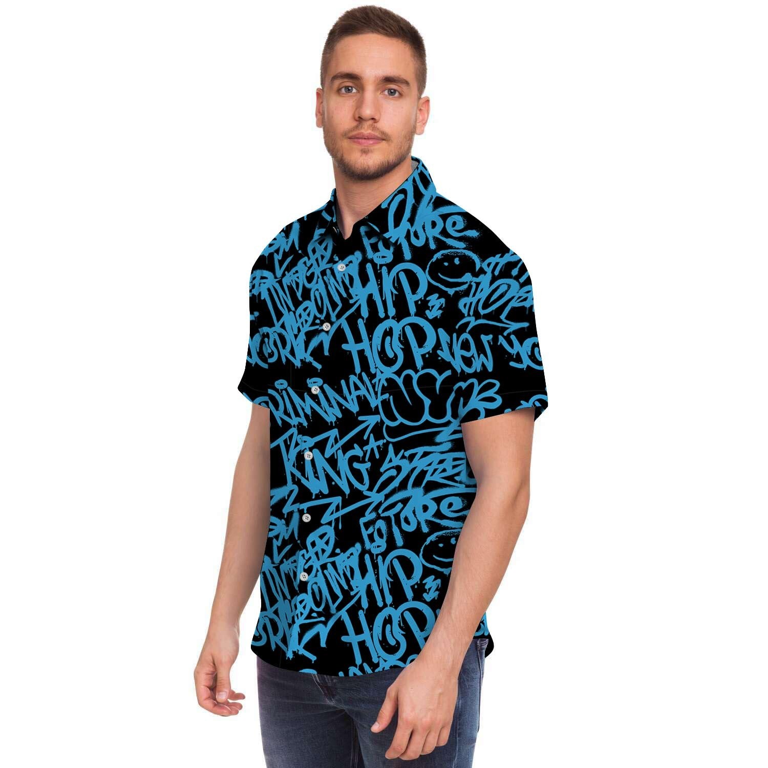 Hiphop Graffiti Blue Text Print Men Print Short Sleeve Button-Up Shirts