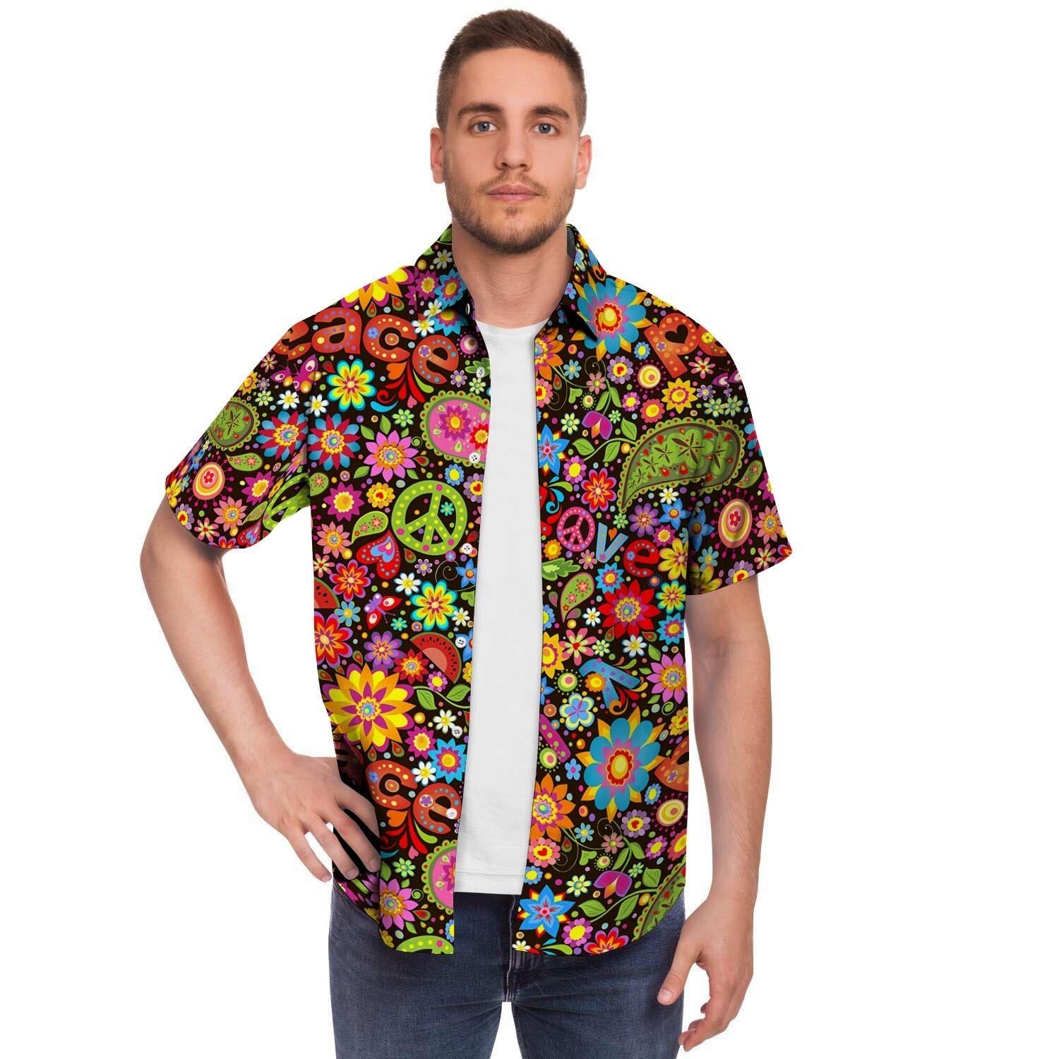Hippe Peace Men Print Short Sleeve Button-Up Shirts