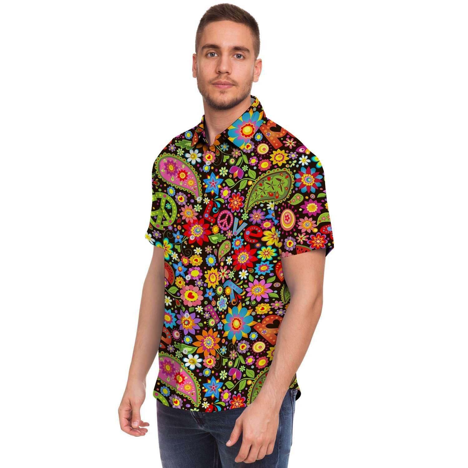 Hippe Peace Men Print Short Sleeve Button-Up Shirts