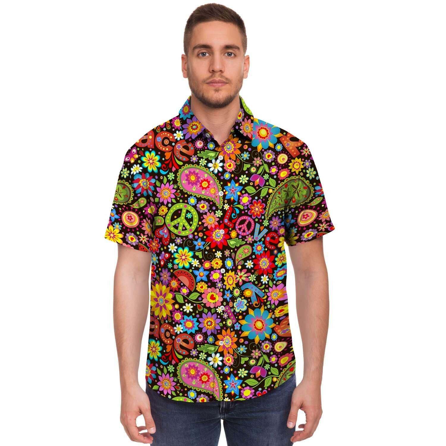Hippe Peace Men Print Short Sleeve Button-Up Shirts