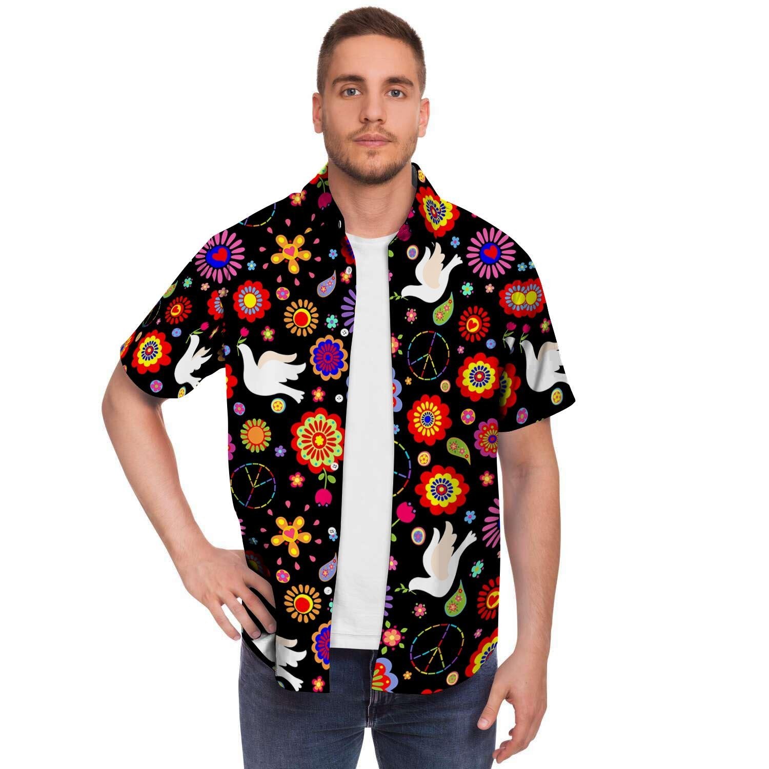 Hippie And Drove Men Print Short Sleeve Button-Up Shirts