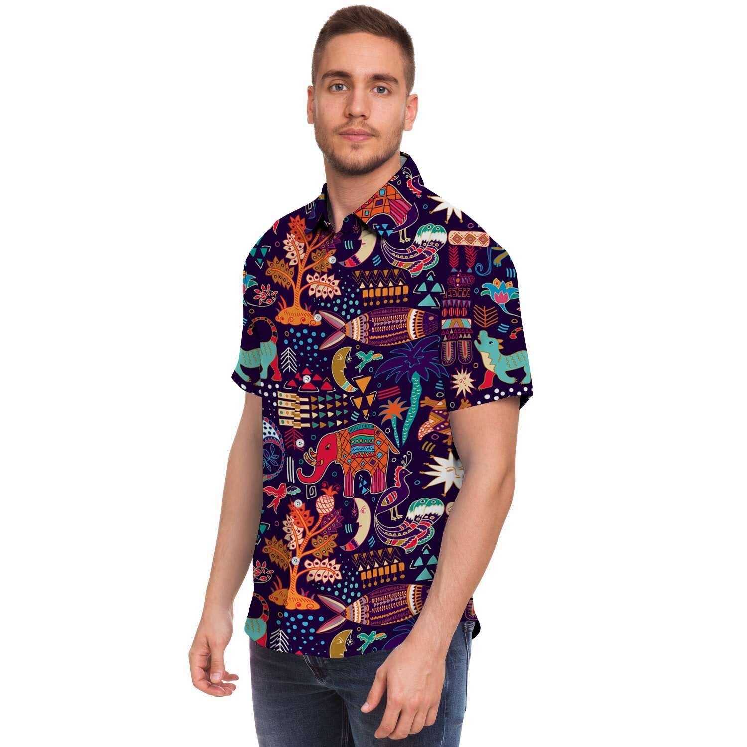 Hippie Aztec Men Print Short Sleeve Button-Up Shirts