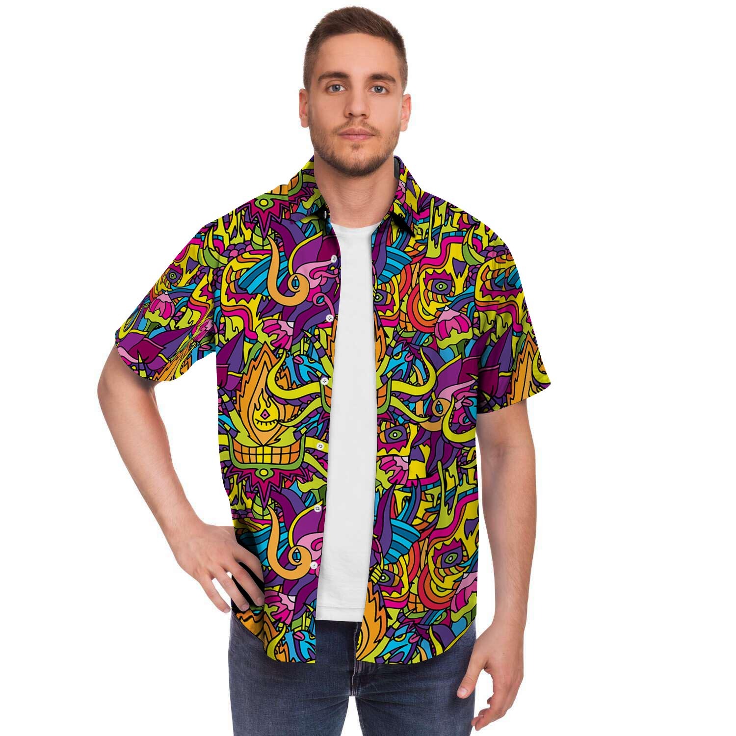 Hippie Flame Psychedelic Trippy Men Print Short Sleeve Button-Up Shirts