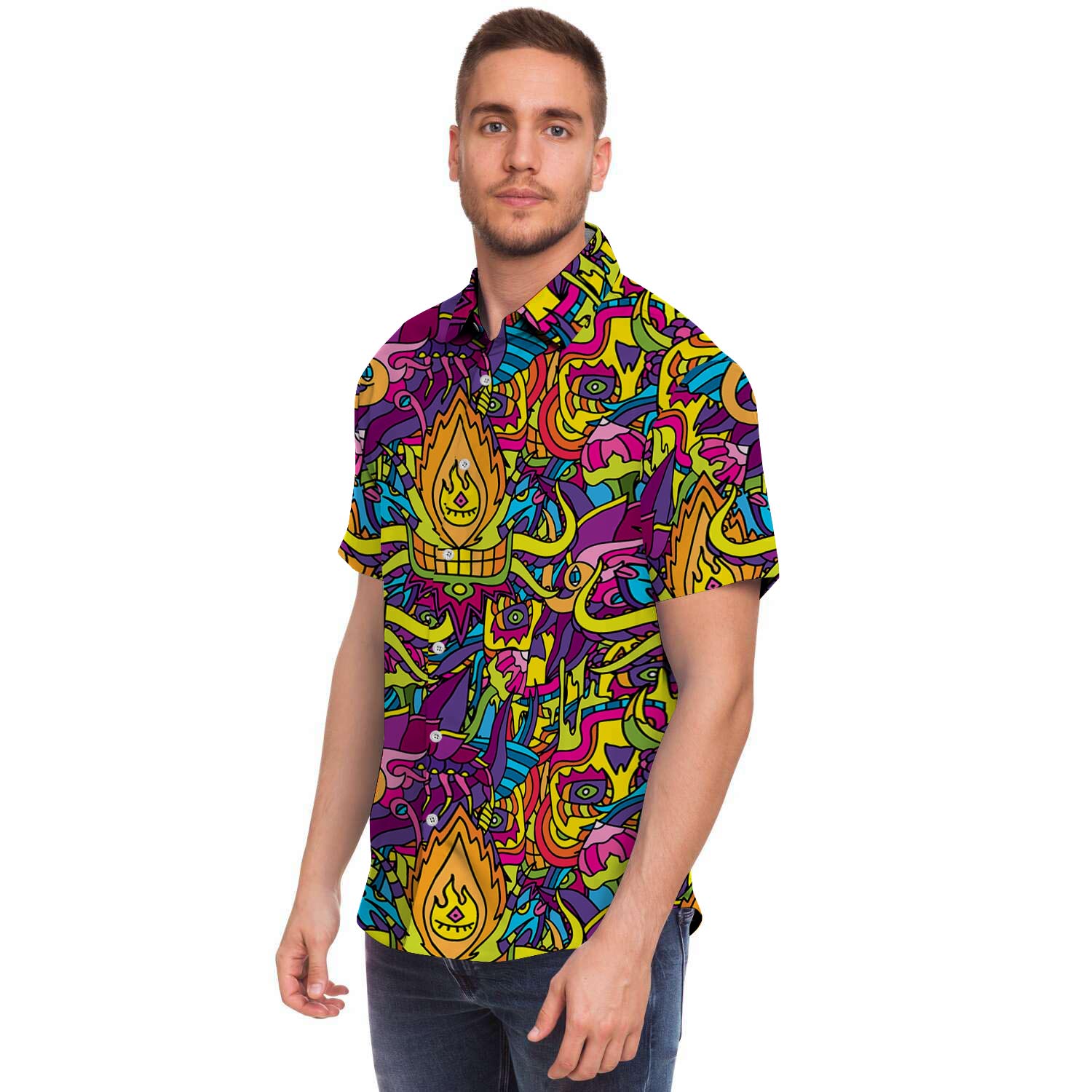 Hippie Flame Psychedelic Trippy Men Print Short Sleeve Button-Up Shirts
