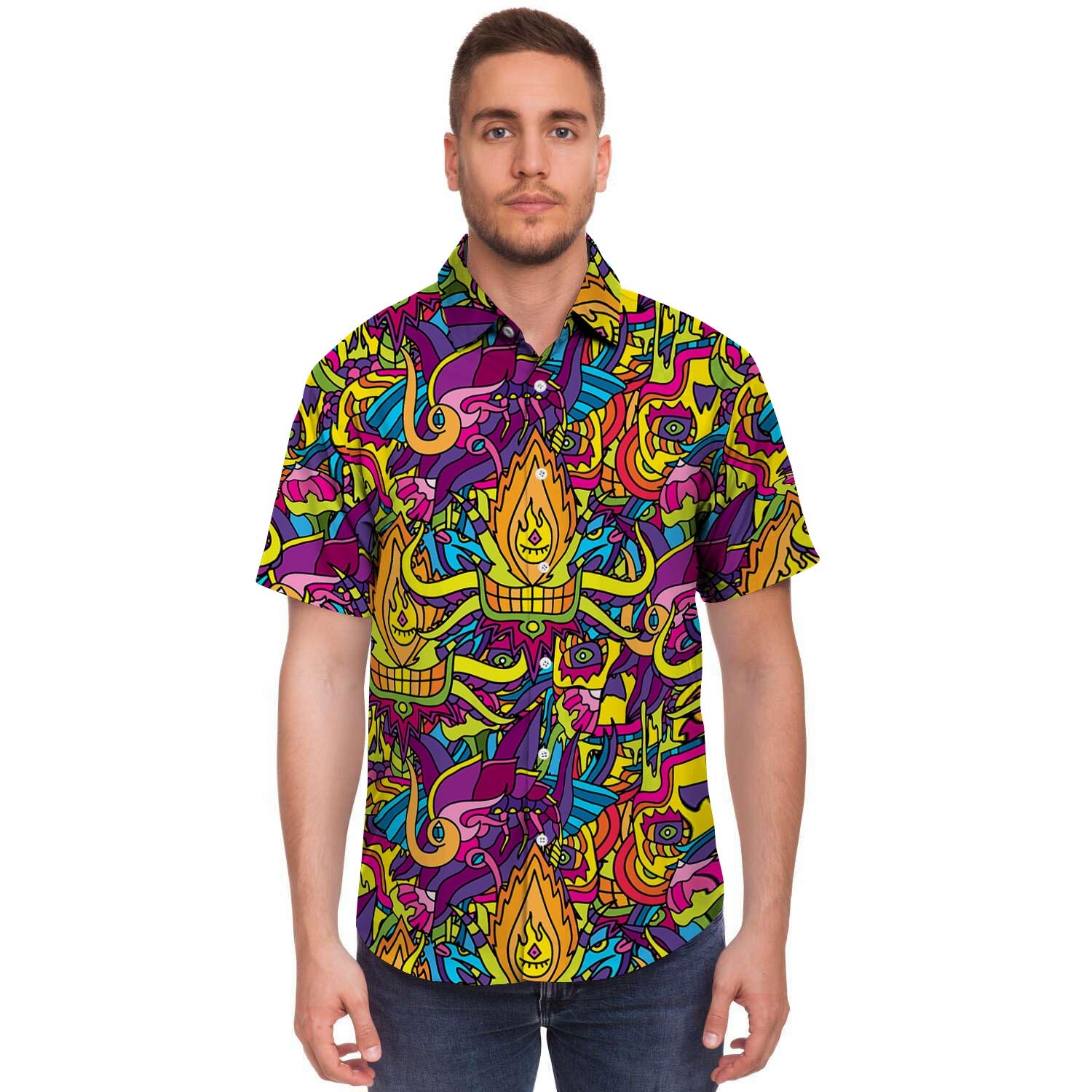 Hippie Flame Psychedelic Trippy Men Print Short Sleeve Button-Up Shirts