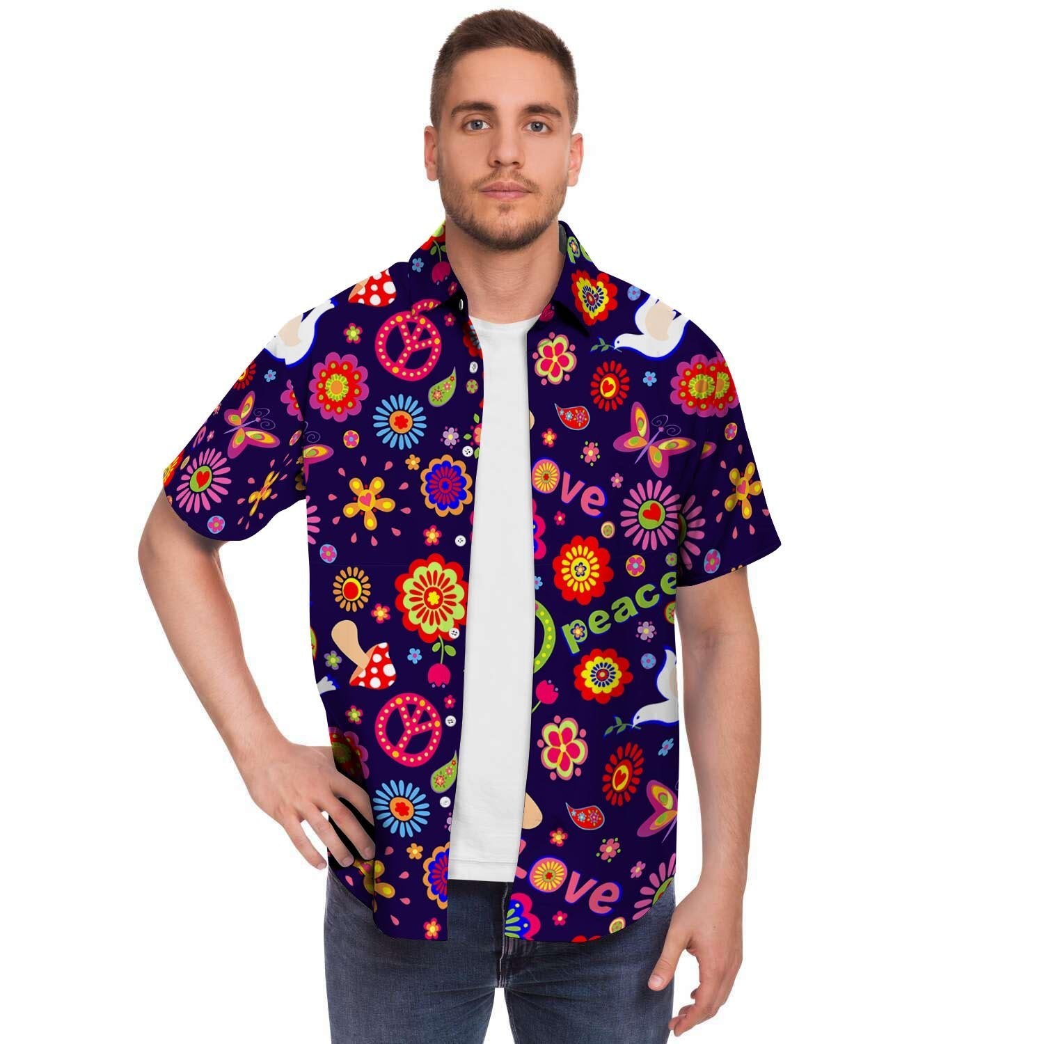Hippie Floral Men Print Short Sleeve Button-Up Shirts