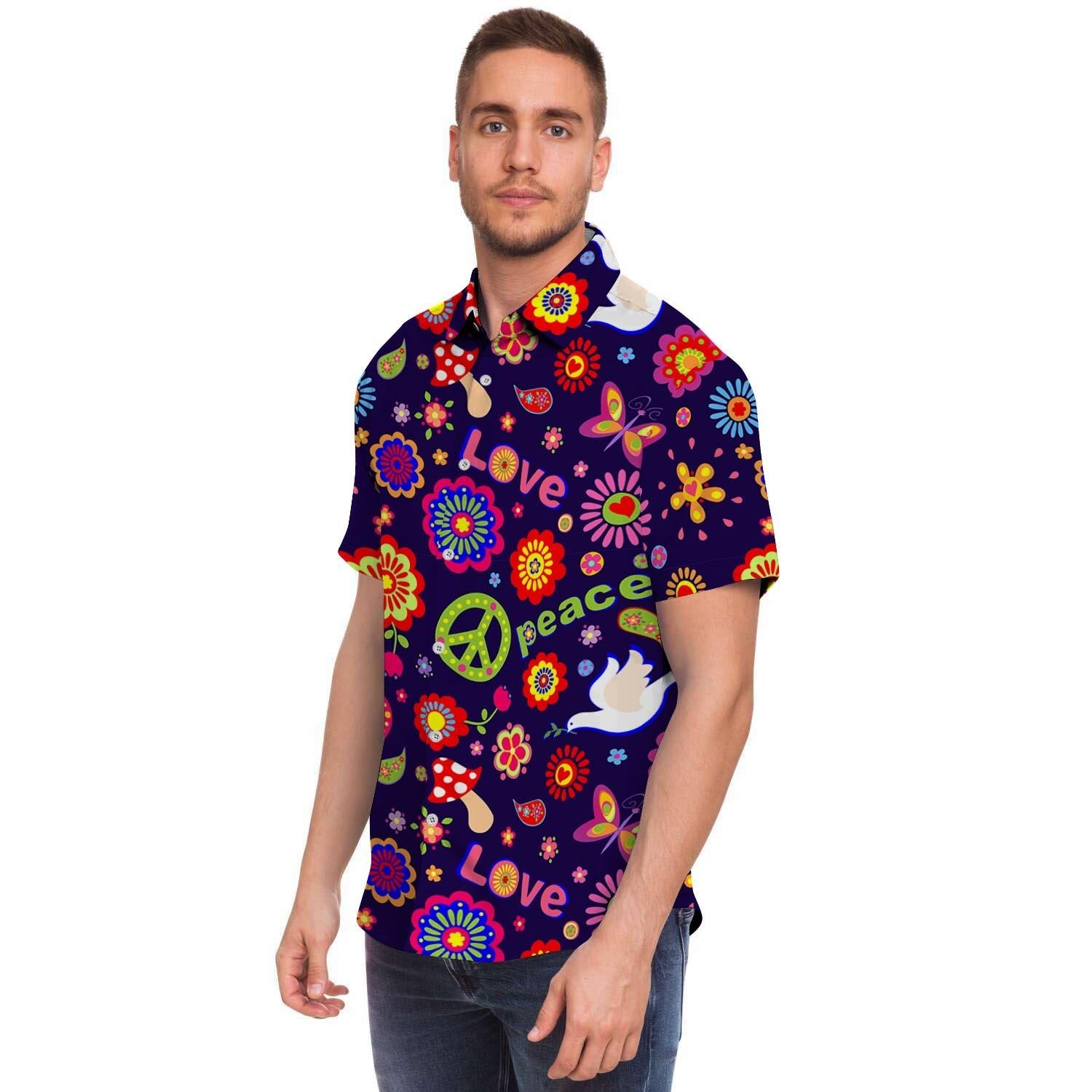 Hippie Floral Men Print Short Sleeve Button-Up Shirts
