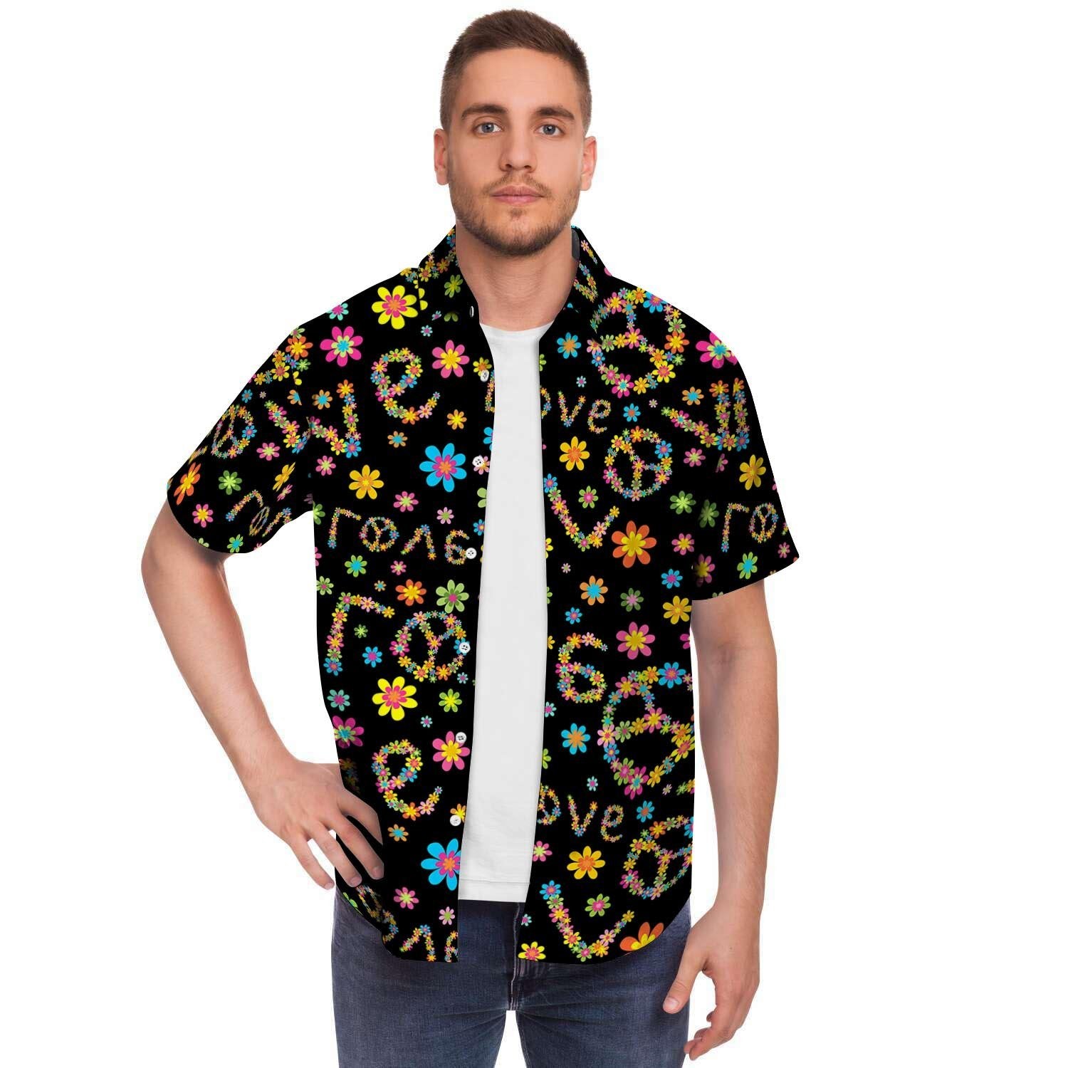 Hippie Love Floral Men Print Short Sleeve Button-Up Shirts