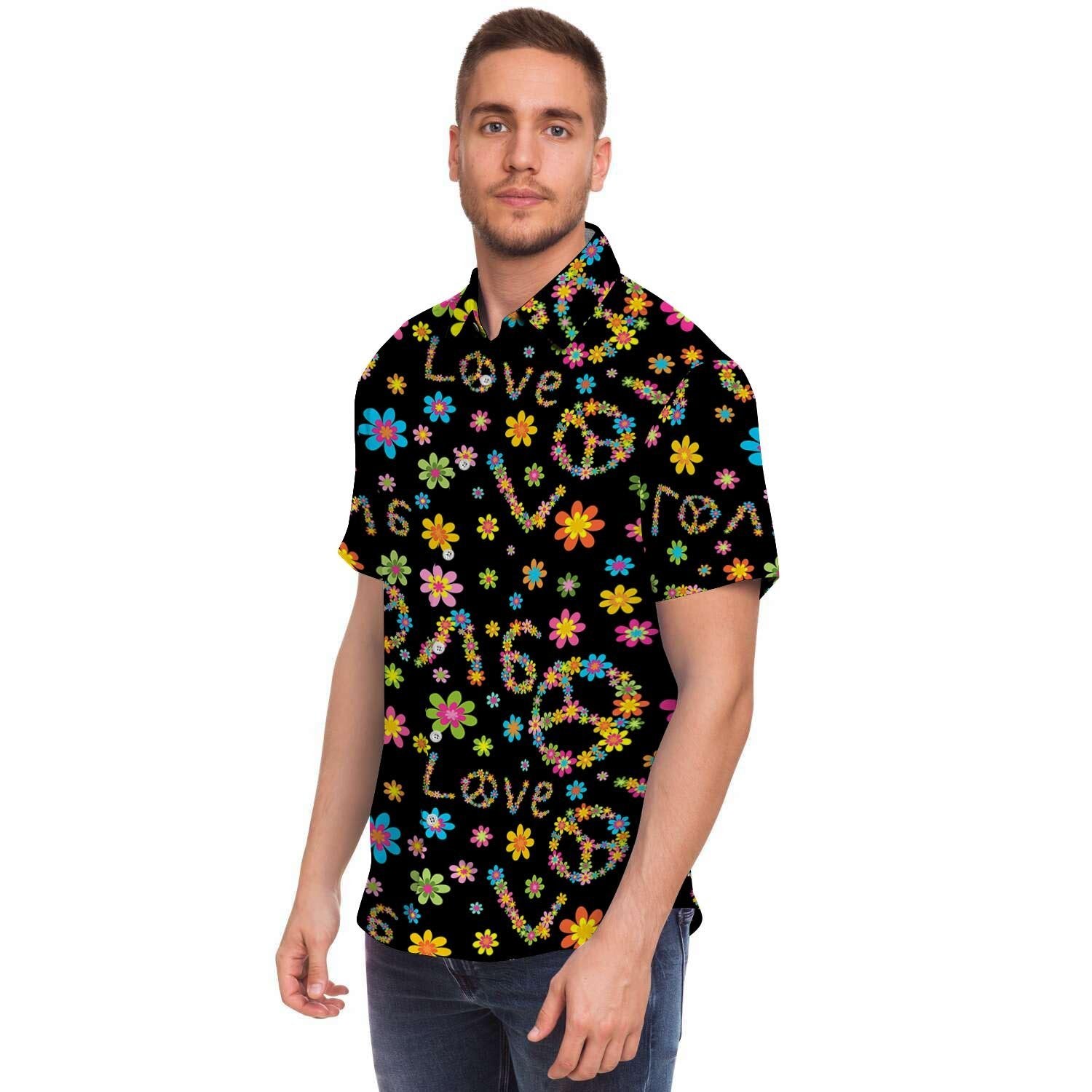 Hippie Love Floral Men Print Short Sleeve Button-Up Shirts