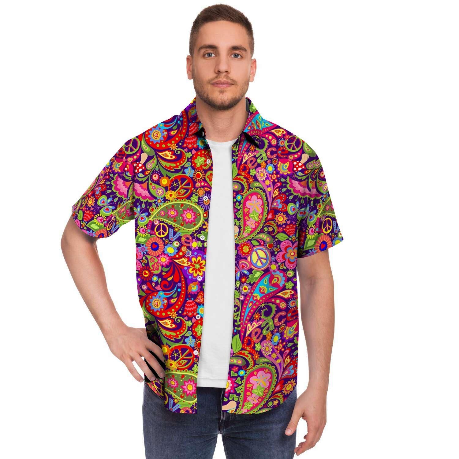 Hippie Paisley Men Print Short Sleeve Button-Up Shirts