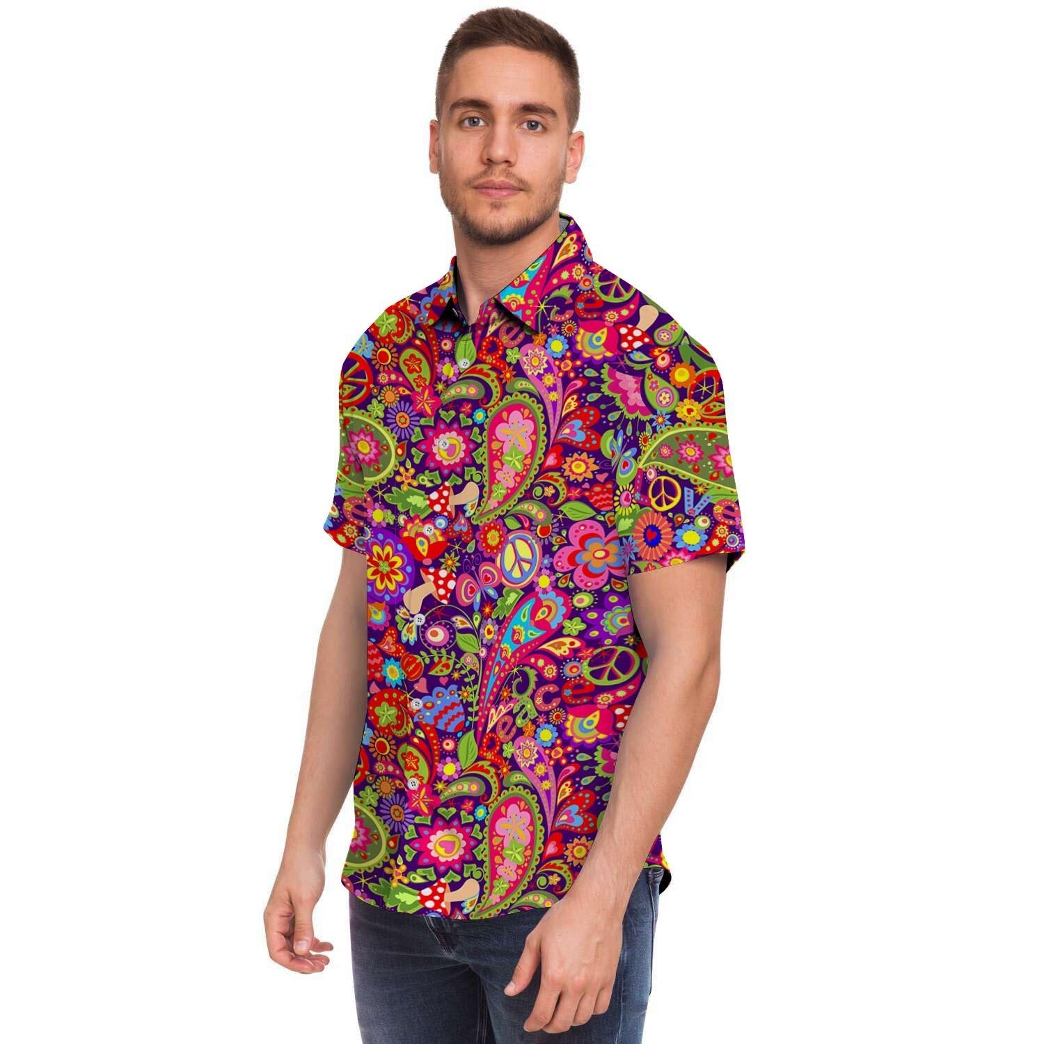 Hippie Paisley Men Print Short Sleeve Button-Up Shirts