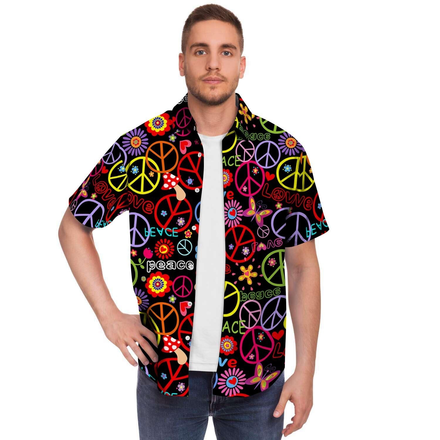 Hippie Peace Sign Men Print Short Sleeve Button-Up Shirts