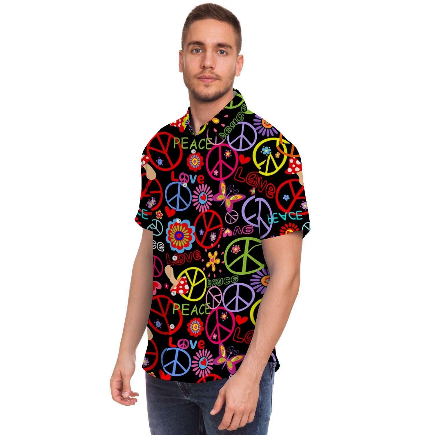 Hippie Peace Sign Men Print Short Sleeve Button-Up Shirts