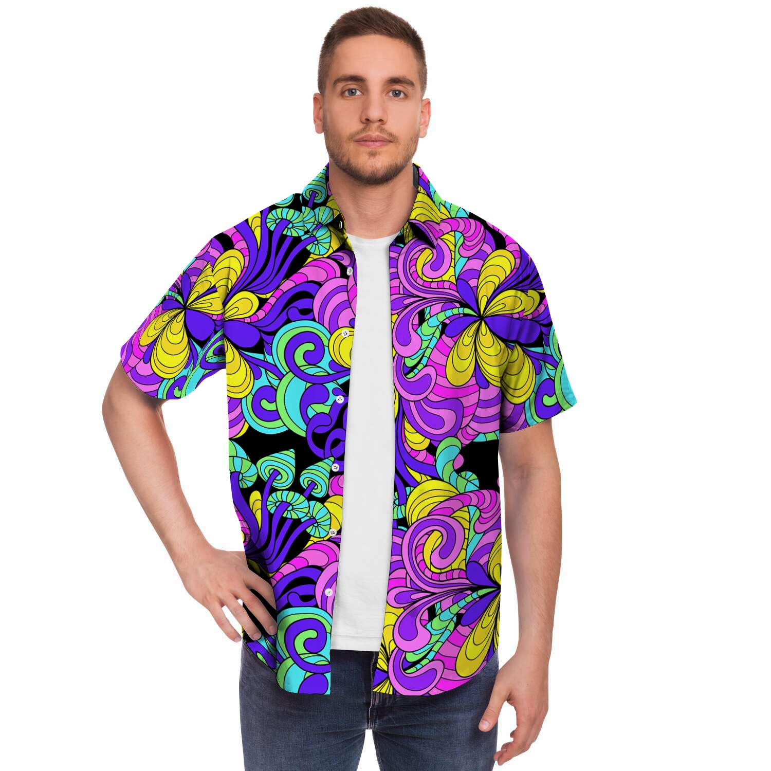 Hippie Psychedelic Mushroom Men Print Short Sleeve Button-Up Shirts