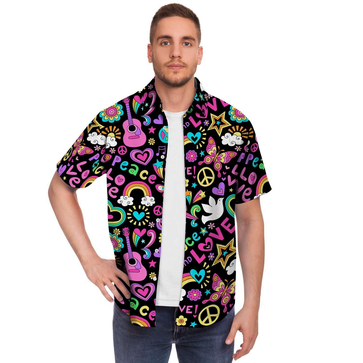 Hippie Retro Men Print Short Sleeve Button-Up Shirts