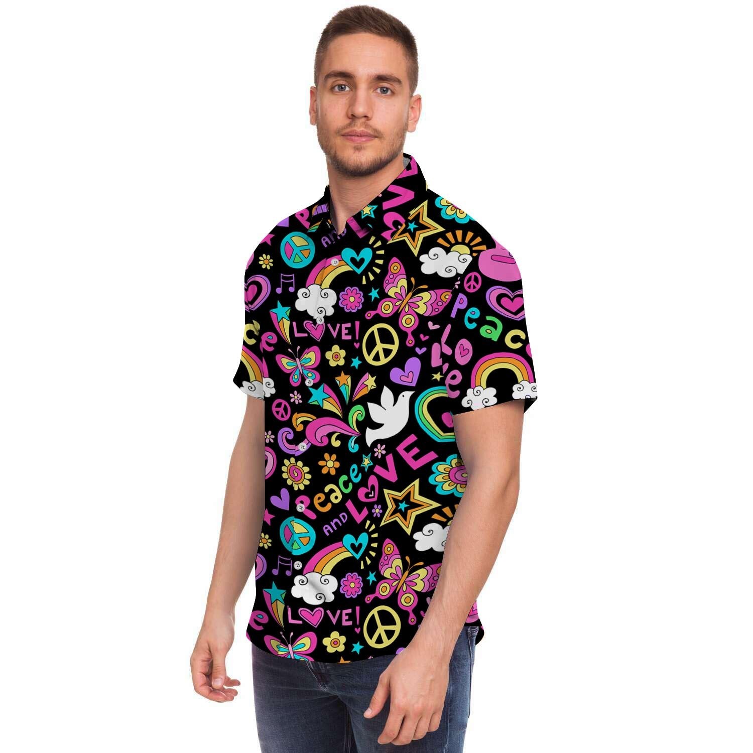 Hippie Retro Men Print Short Sleeve Button-Up Shirts