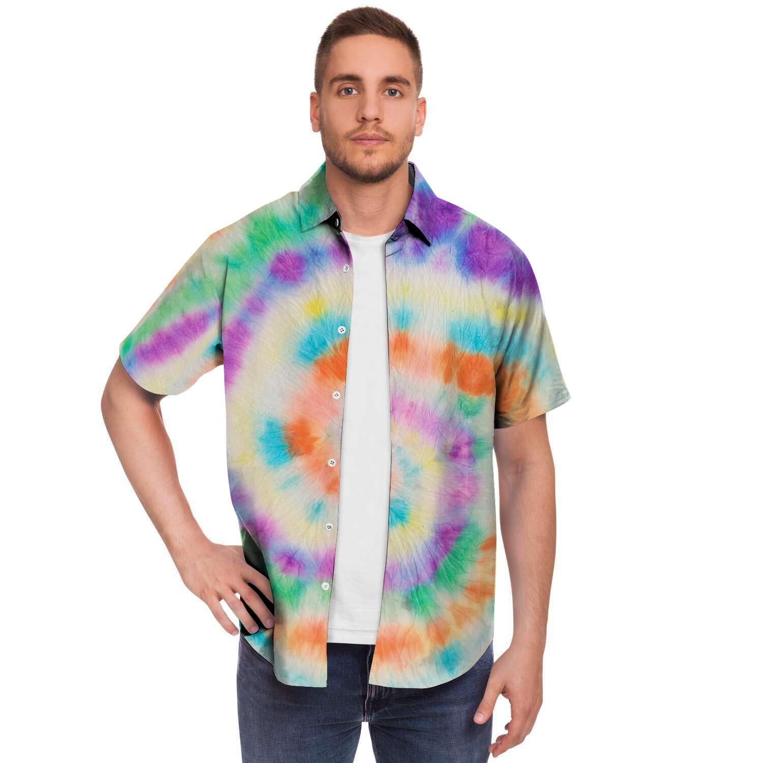 Hippie Tie Dye Men Print Short Sleeve Button-Up Shirts