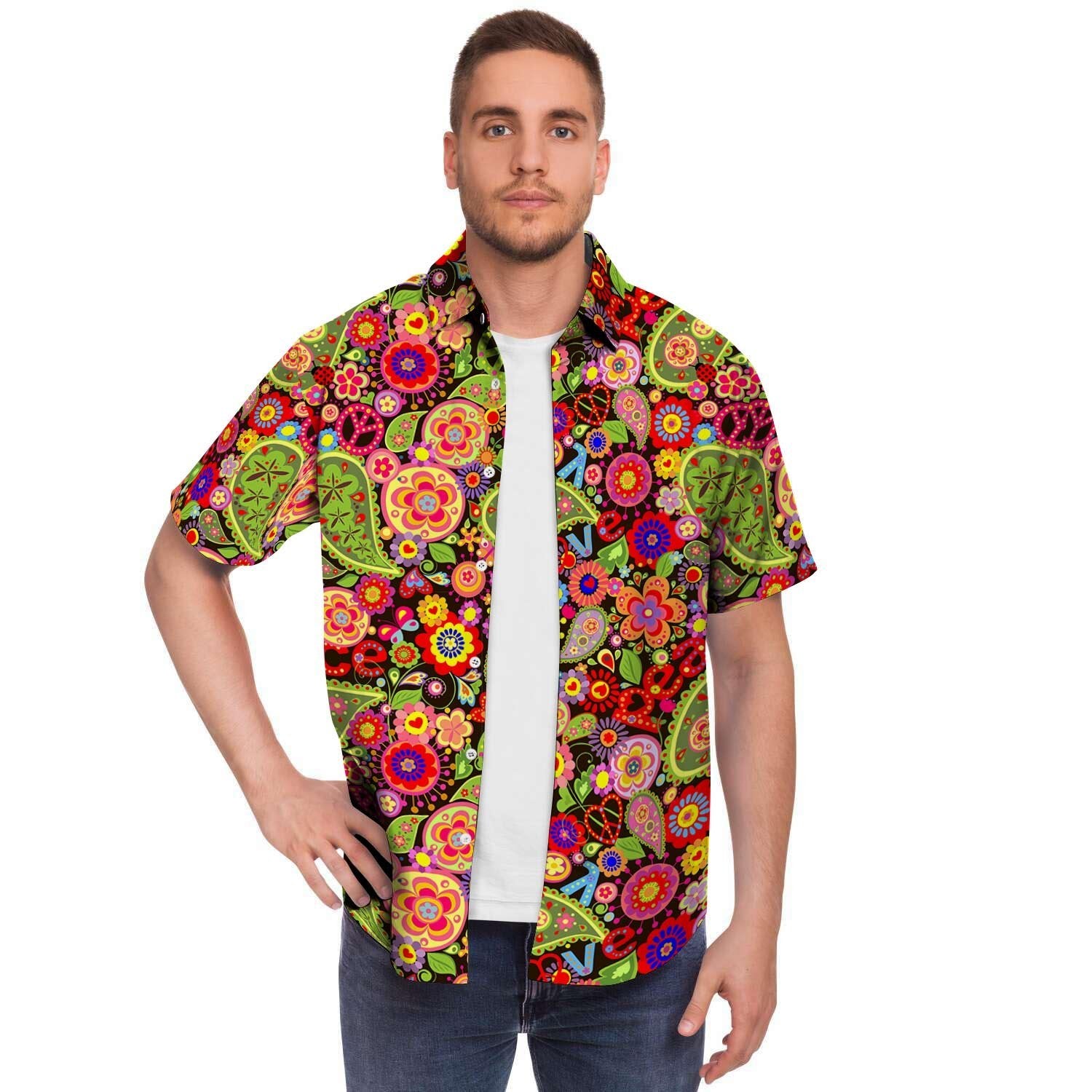 Hippie Trippy Men Print Short Sleeve Button-Up Shirts