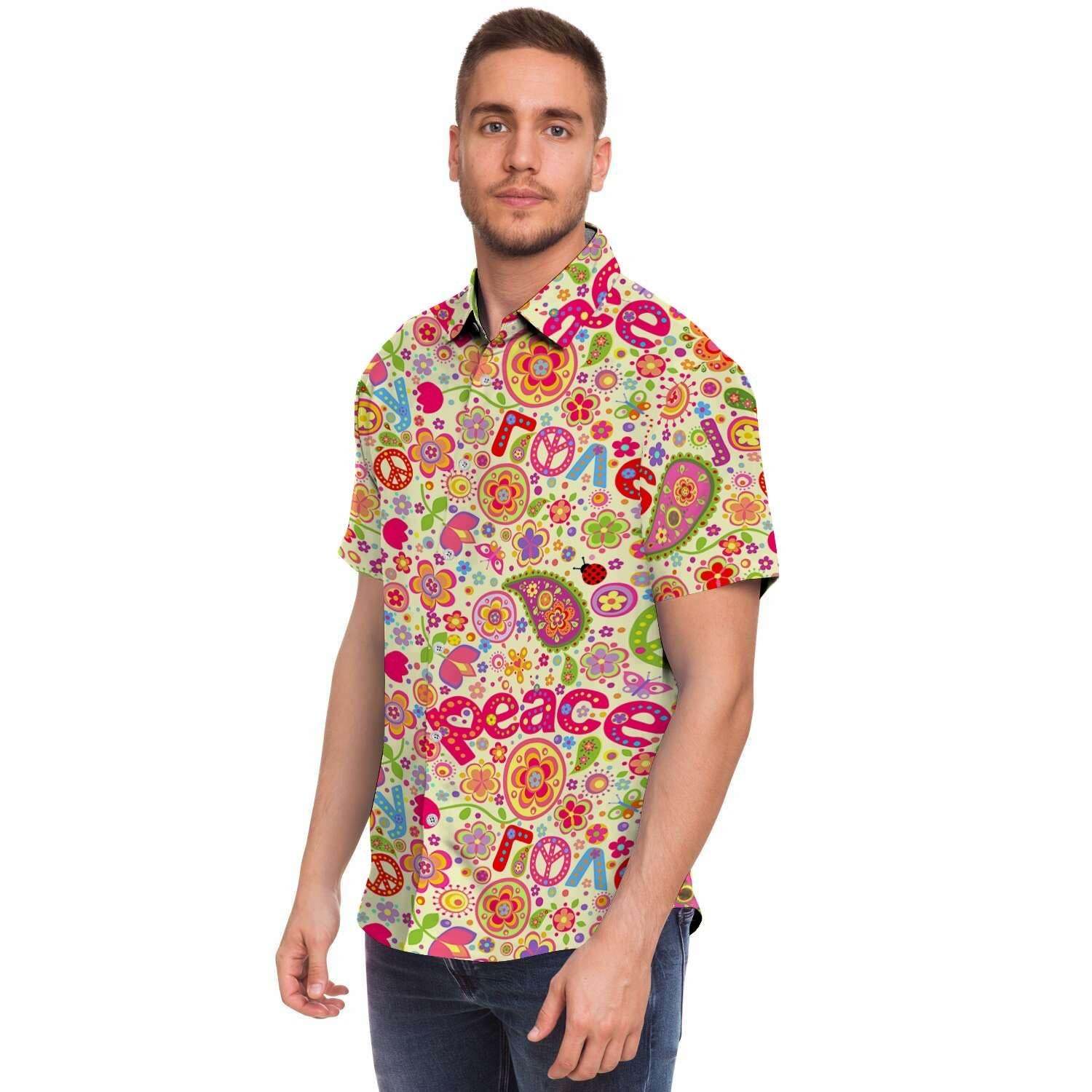 Hippie White Peace Men Print Short Sleeve Button-Up Shirts