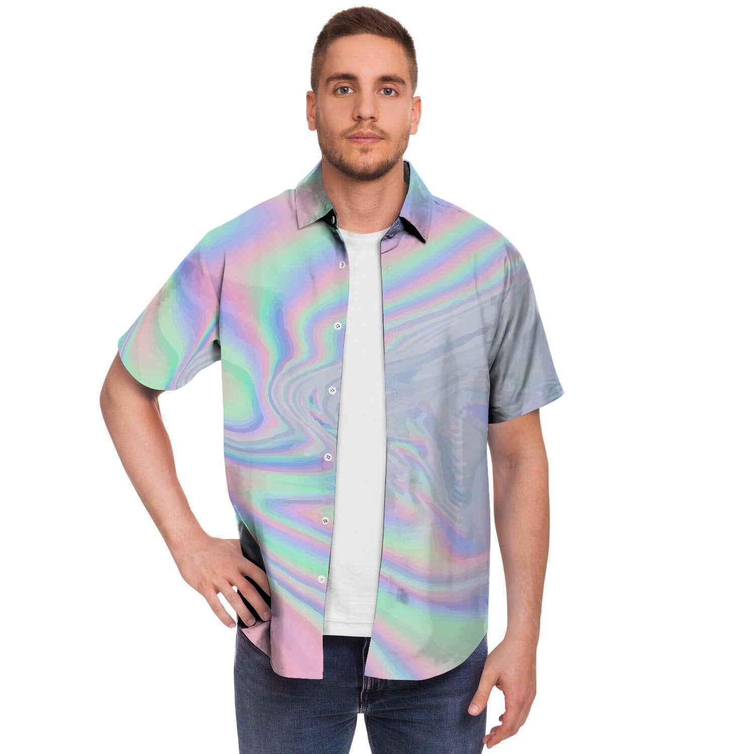 Holographic Abstract Men Print Short Sleeve Button-Up Shirts