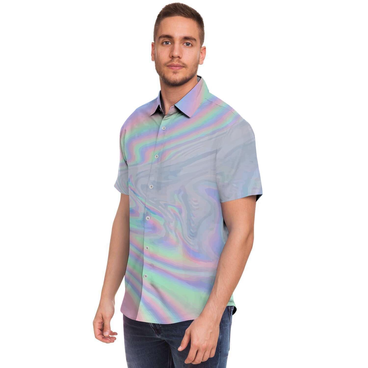 Holographic Abstract Men Print Short Sleeve Button-Up Shirts